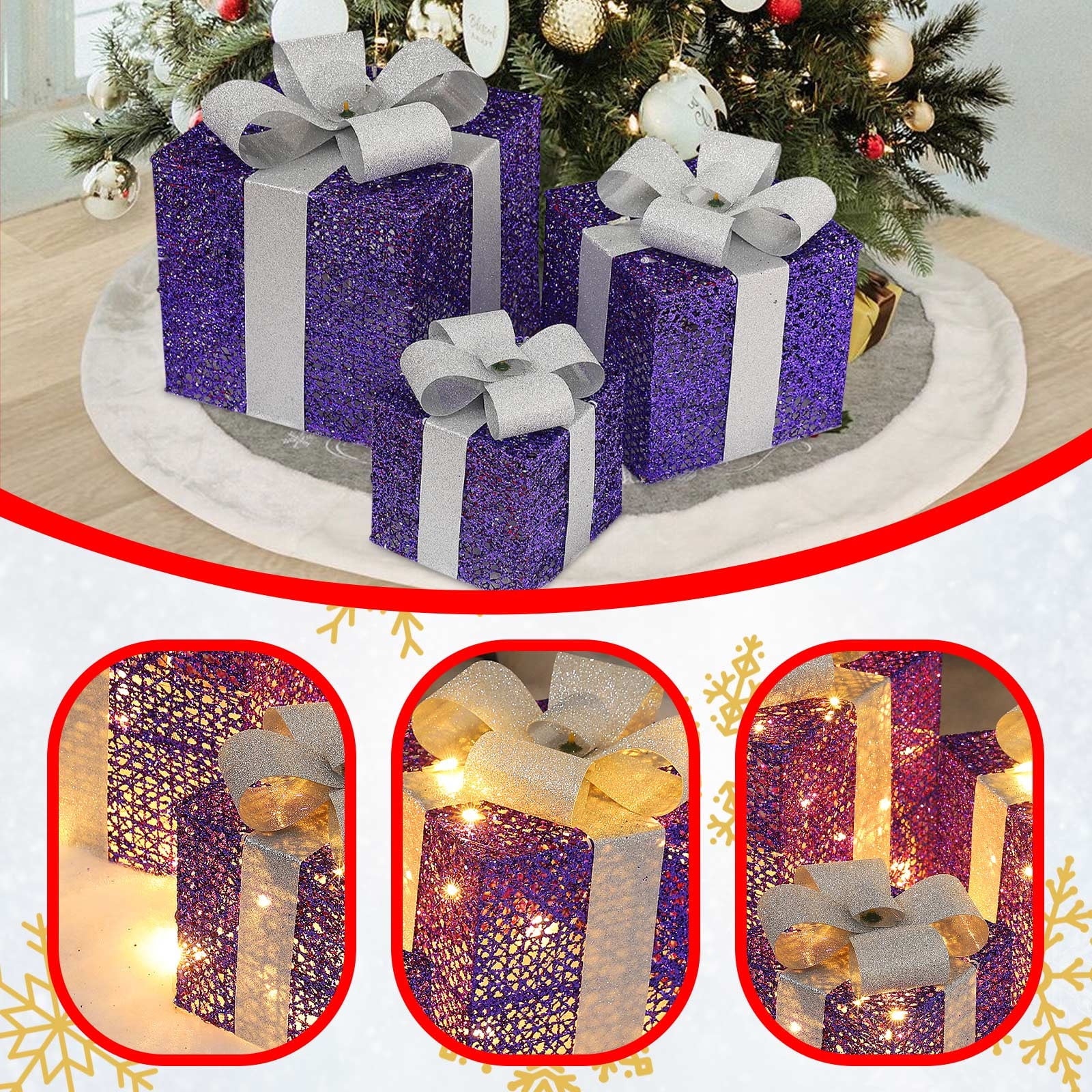 Bxaolu Christmas Lighted Gift Boxes: Set of 3 Light Up Presents Christmas Decoration for Indoor Xmas Tree Outdoor Yard Holiday, Battery Operated Gift Boxes with Lights(Purple)