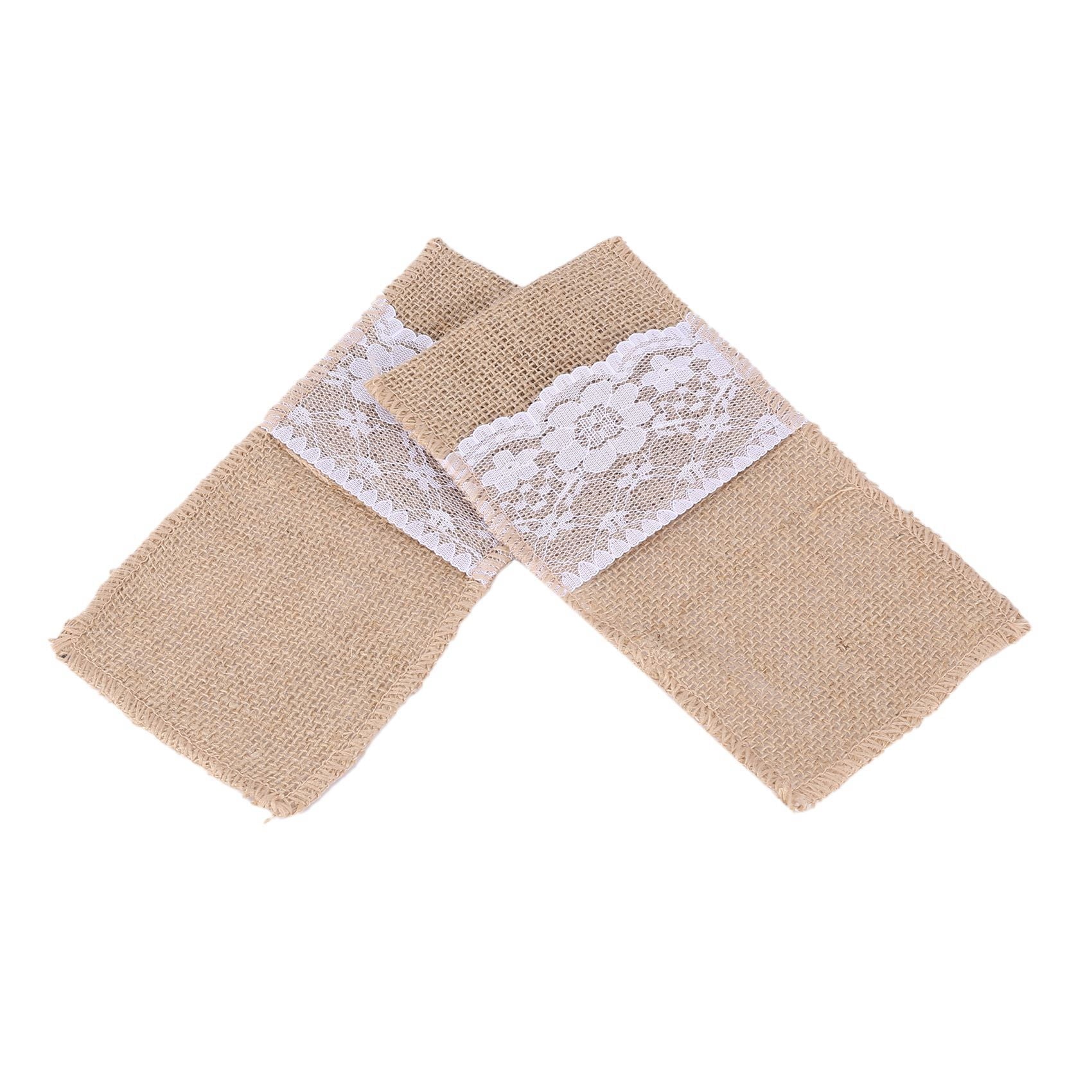 100pcs Natural Jute Cutlery Knives and Forks Cutlery Set Silverware Bag Holder Burlap & Lace Party Wedding Decor,21x11cm