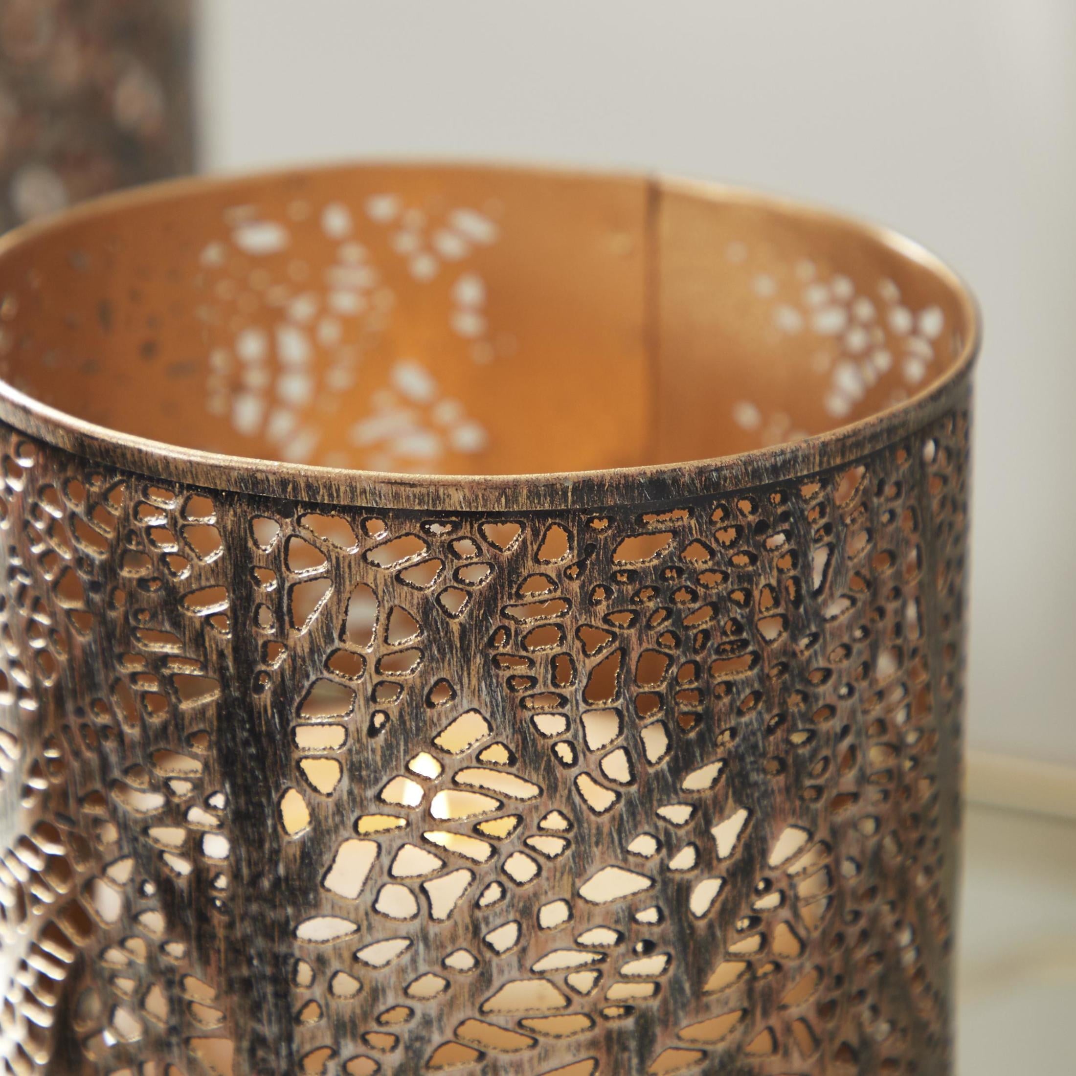 DecMode 3 Holder Bronze Metal Tree Branch Cutout Candle Lantern with Gold Interior, Set of 3