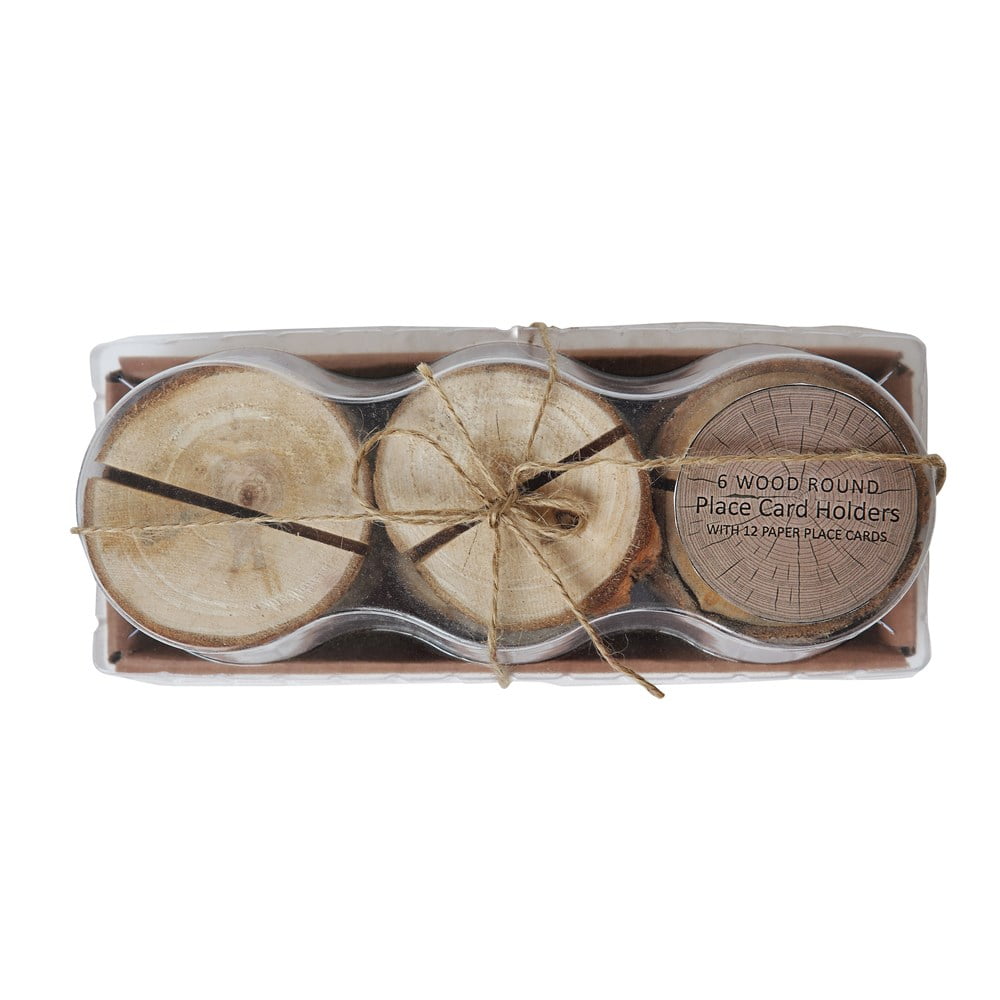 2-1/4" Round Wood Slice Place Holder w/ 12 Cards, Boxed Set of 6