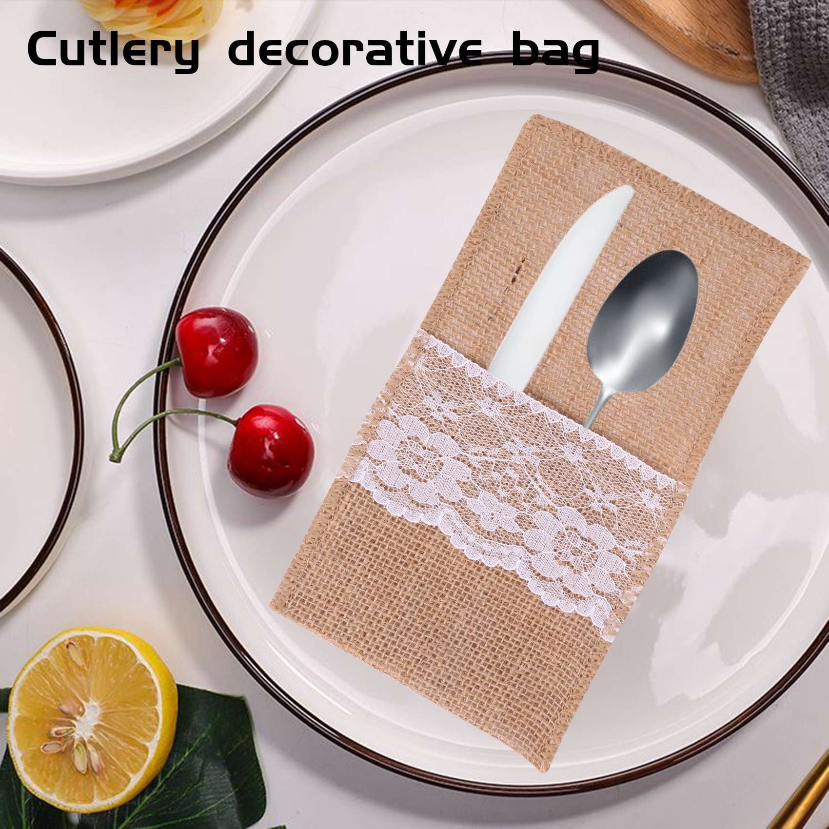 75Pcs Burlap Lace Cutlery Pouch Rustic Wedding Tableware Knife Fork Holder Bag Hessian Table Decoration Accessories