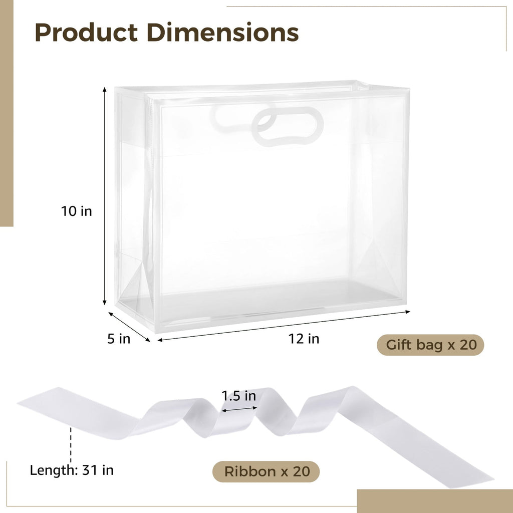 20 Pcs Clear Plastic Gift Bags with Handles, 12*5*10'' PP Frosted Totes with 31 Inch Ribbon, Reusable Waterproof Presentation Bags for Party Favor, Baby Shower, Wedding, Birthday