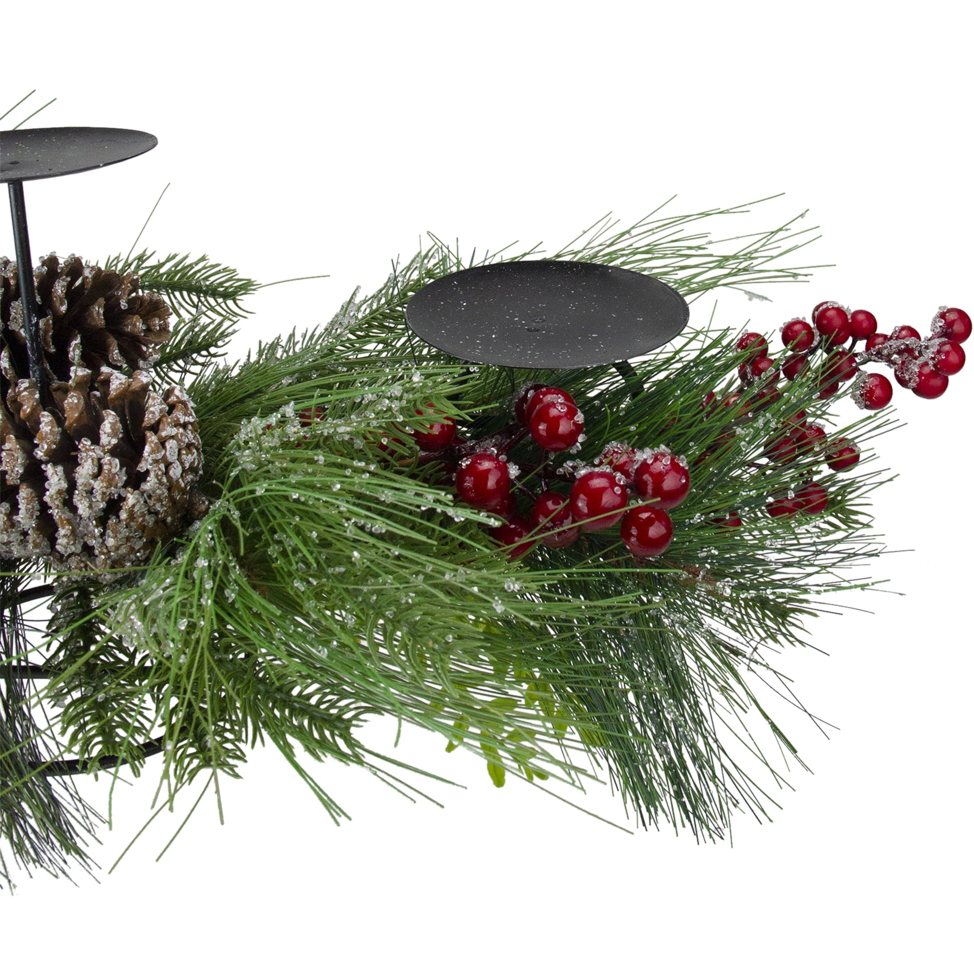 Northlight 32" Iced Mixed Pine, Berries and Pine Cones Christmas Pillar Candle Holder