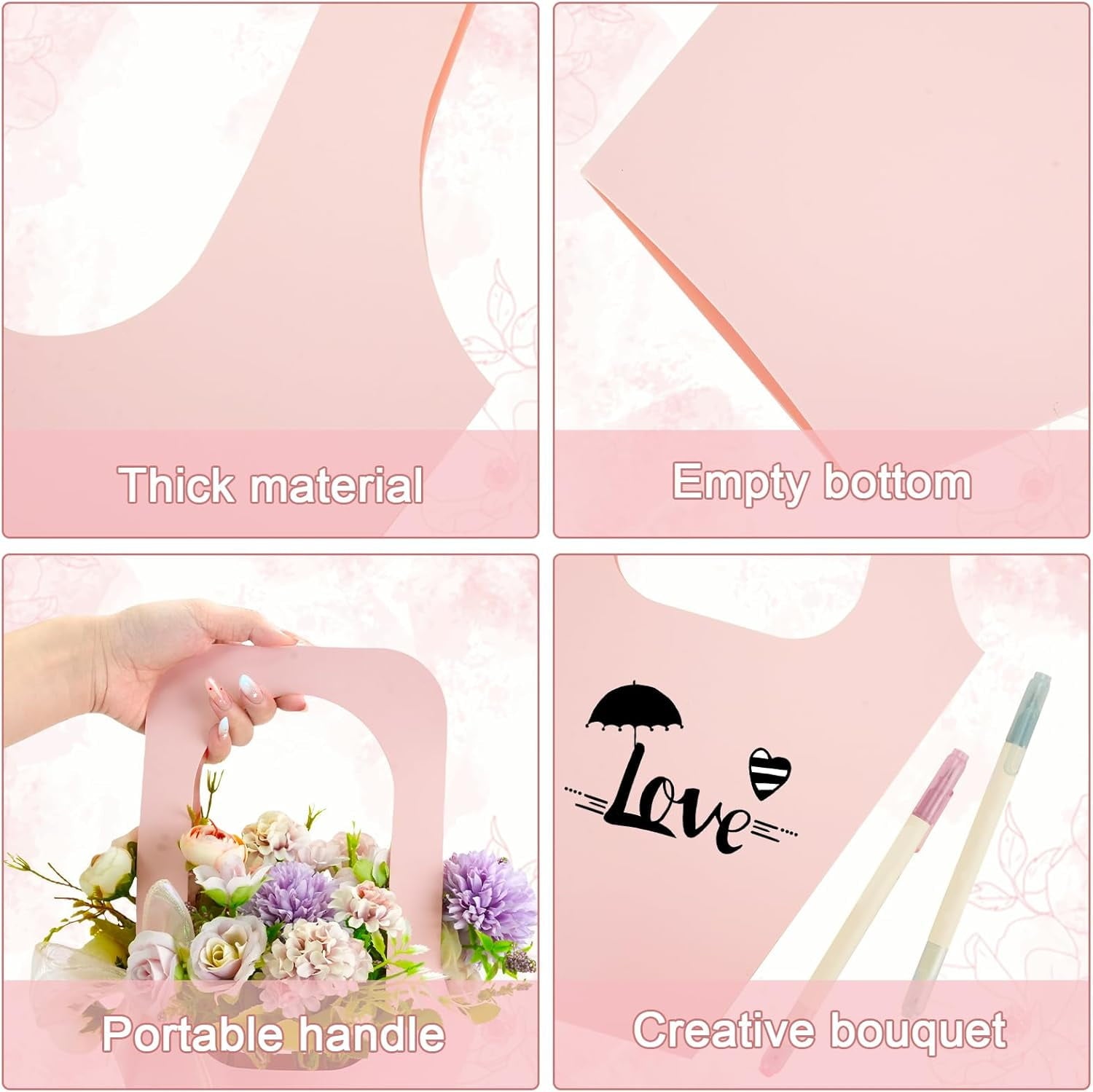 40 Pcs Pink Kraft Paper Flower Gift Bags Bouquet Bags with Handle, Creative Cone Flower Wrapping Paper Bags for Bouquets with 10 Yard Sparkling Ribbon, Flower Bags for Home Florist Wedding