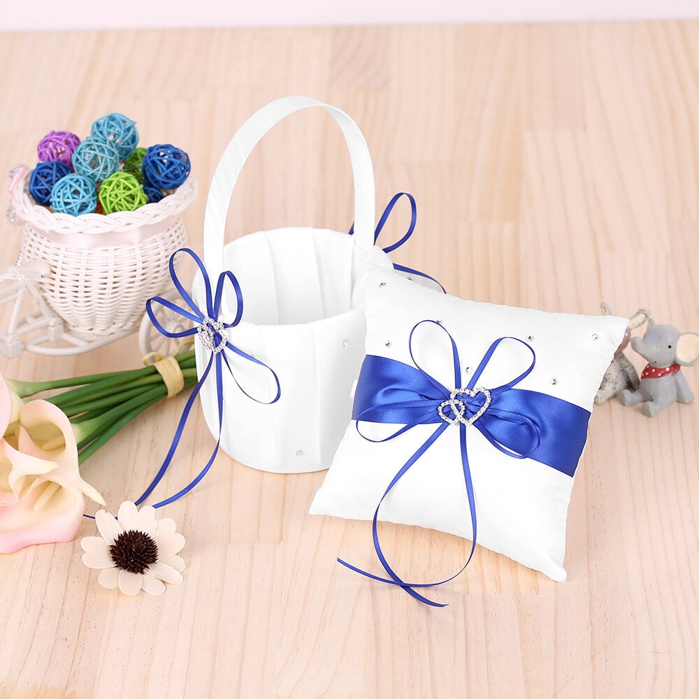 Leyfeng 6 * 6 inches Double Heart Satin Ring Bearer Pillow and Wedding Flower Girl Basket Set with Rhinestone Ribbon Decoration Blue