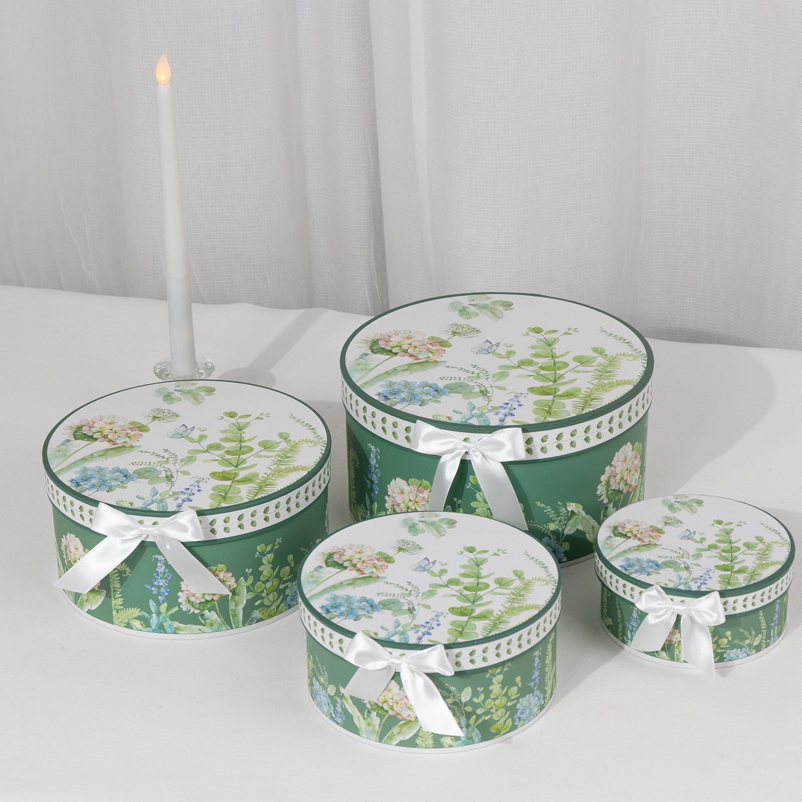 BalsaCircle Set of 4 Round Green Floral Nesting Cardstock Gift Boxes with Lids Party Accessories