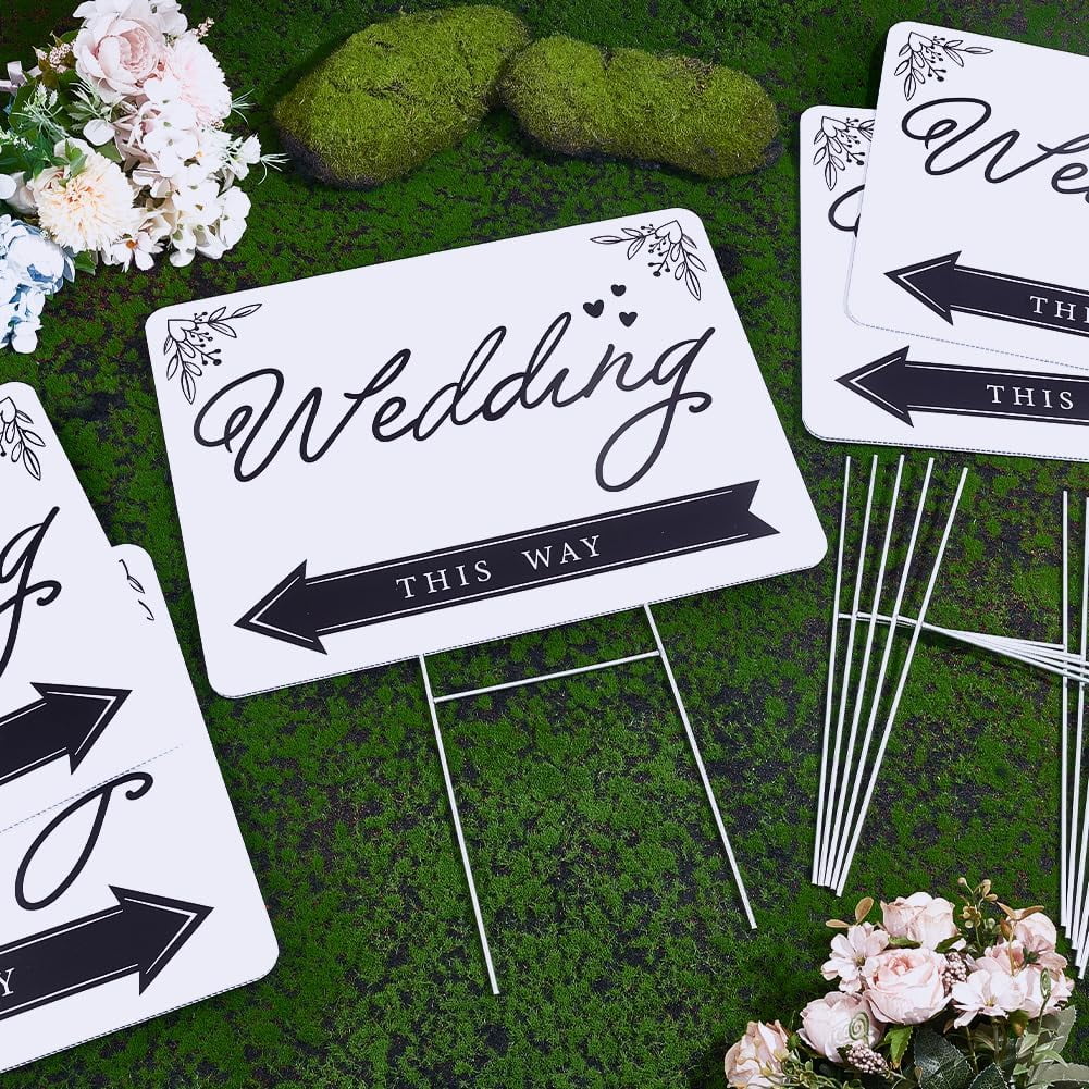 6 PCS Wedding Direction Arrow Signs Wedding This Way Plastic Signs Wedding Signs with H Metal Stakes Single-Sided Printed Wedding Directional Signs Lawn Yard Signs Decorations 12 x 16