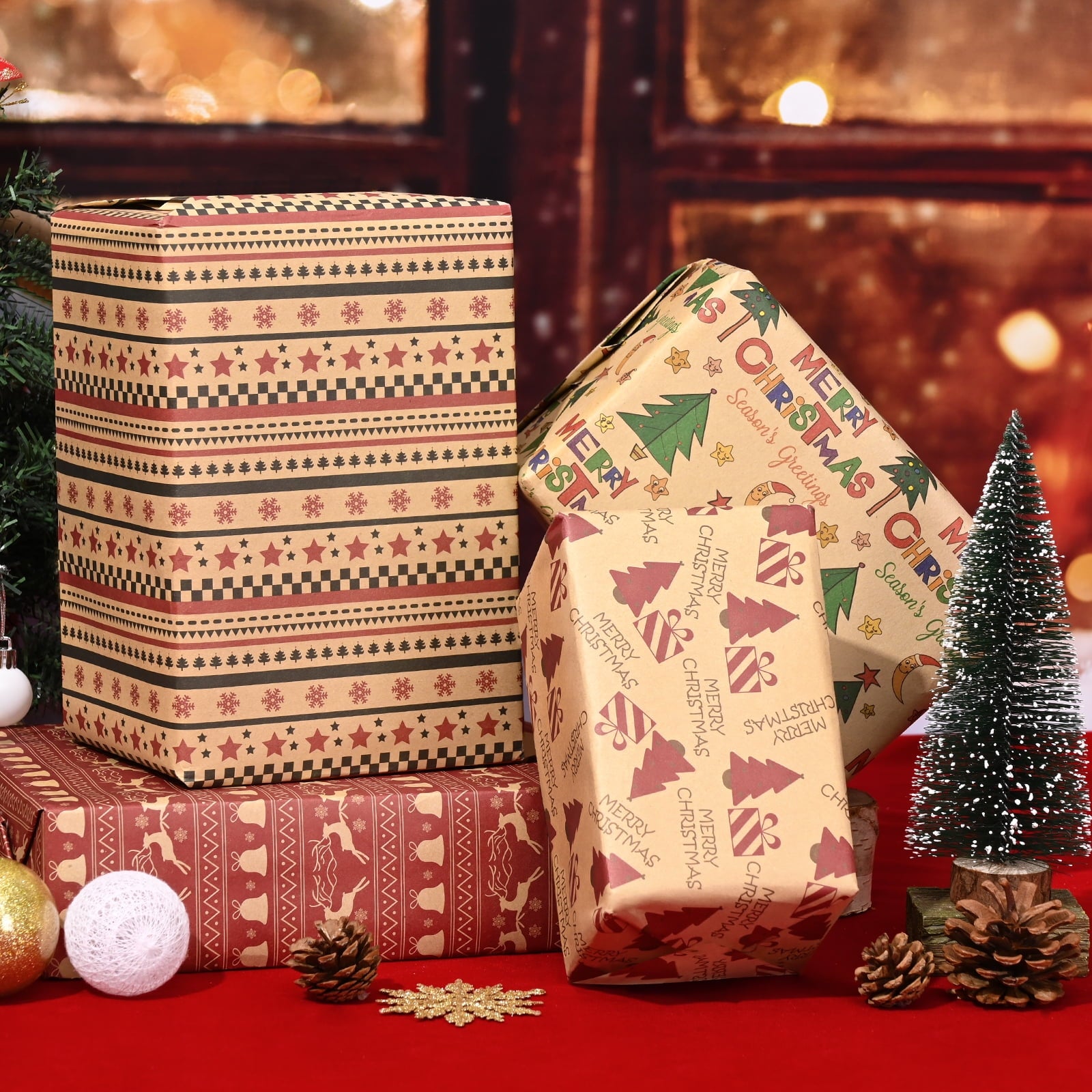 DAZLUTE 20 Sheets Christmas Wrapping Paper Red Snowflake/Xmas Tree Elk/Bell Printed Art Paper 27.6 x 19.7 Inch Xmas Folded Flat Gift Wrap Paper for Winter Holiday Birthday Party