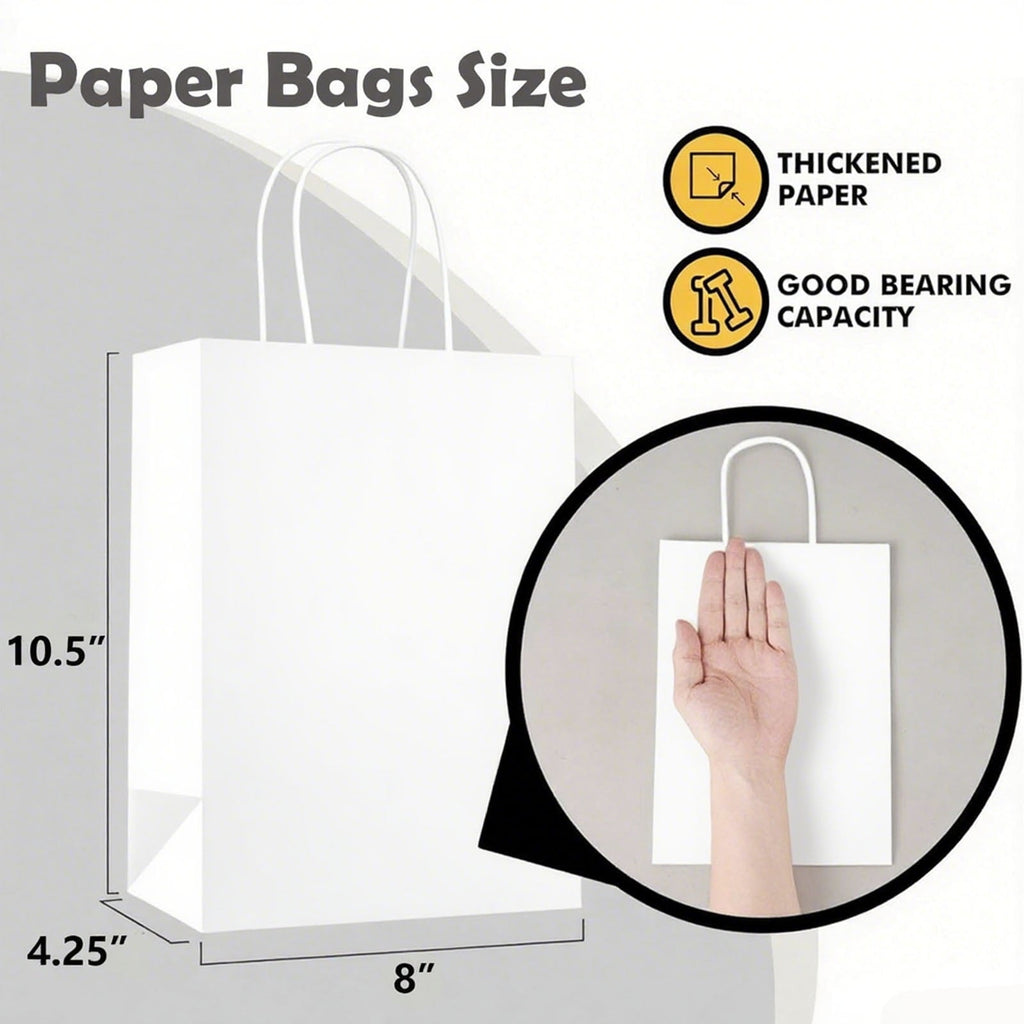 BagDream 100Pcs Paper Gift Bags 8x4.25x10.5 White Kraft Paper Bags with Handles Shopping Bags Bulk Medium Size for Wedding, Mother's Day, Baby Show and Birthday