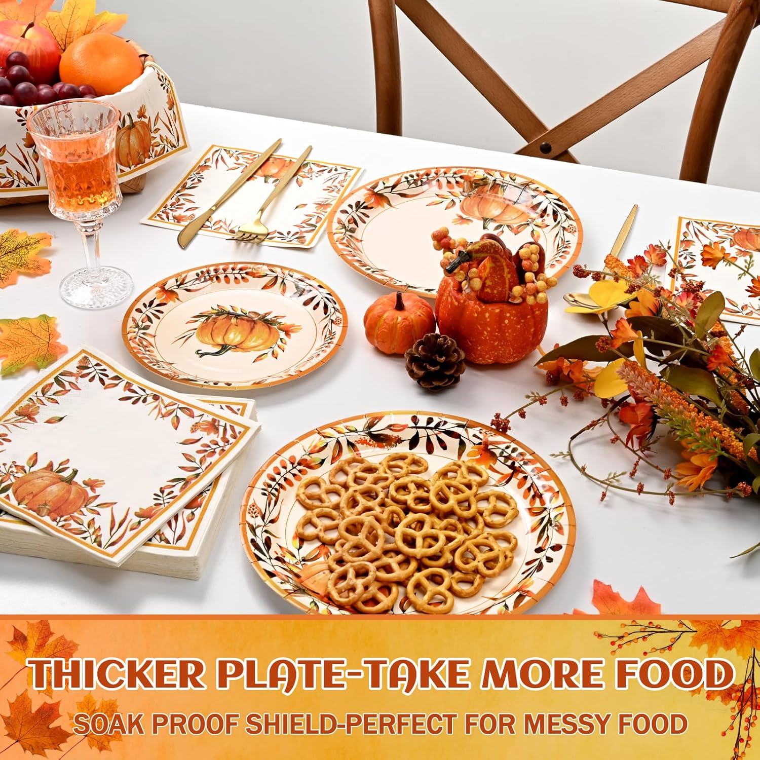 Caltero 200 PCS Fall Thanksgiving Paper Plates and Napkins, Pumpkin Wreath Disposable Dinnerware Set Serve 50 Party Supplies