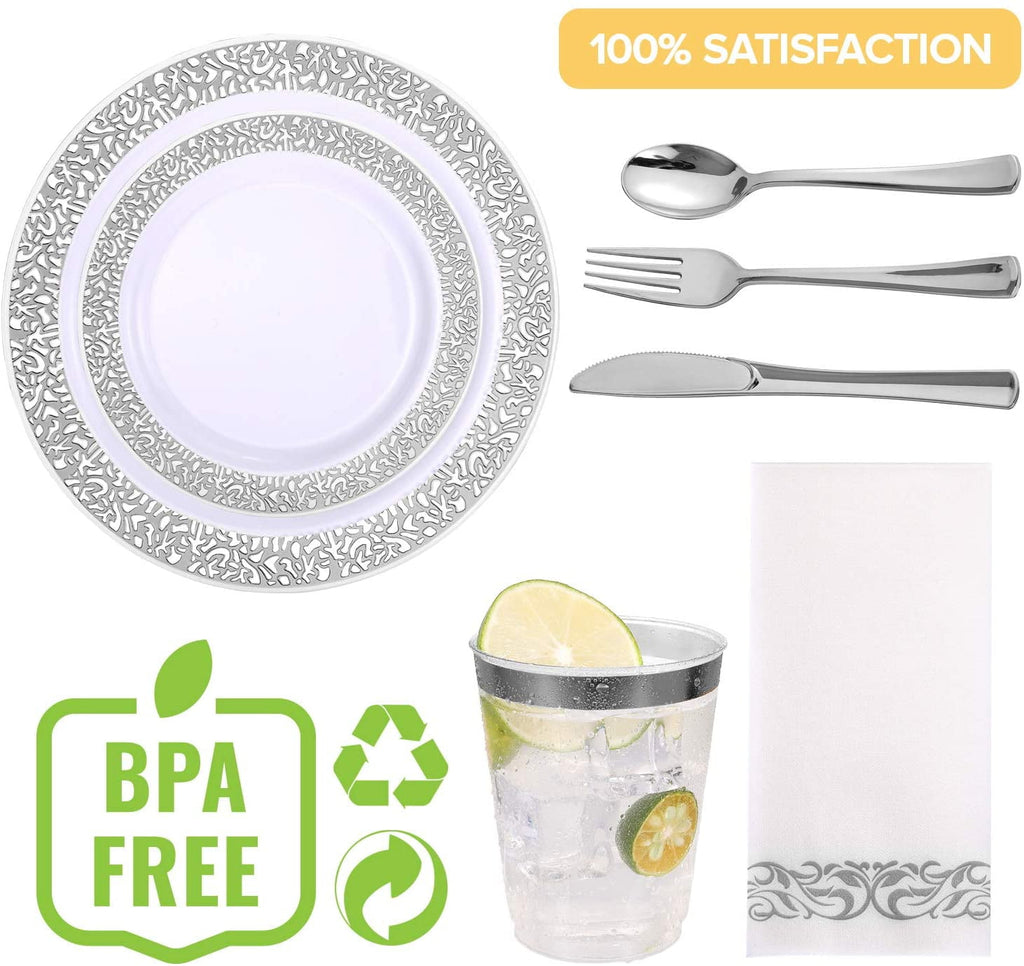 175 Piece Silver Dinnerware Set 25 Guest-50 Silver Lace Plastic Plates-25 Silver Plastic Silverware-25 Silver Plastic Cups-25 Linen Feel Silver Paper Napkins, FOCUSLINE Disposable Dinnerware Set