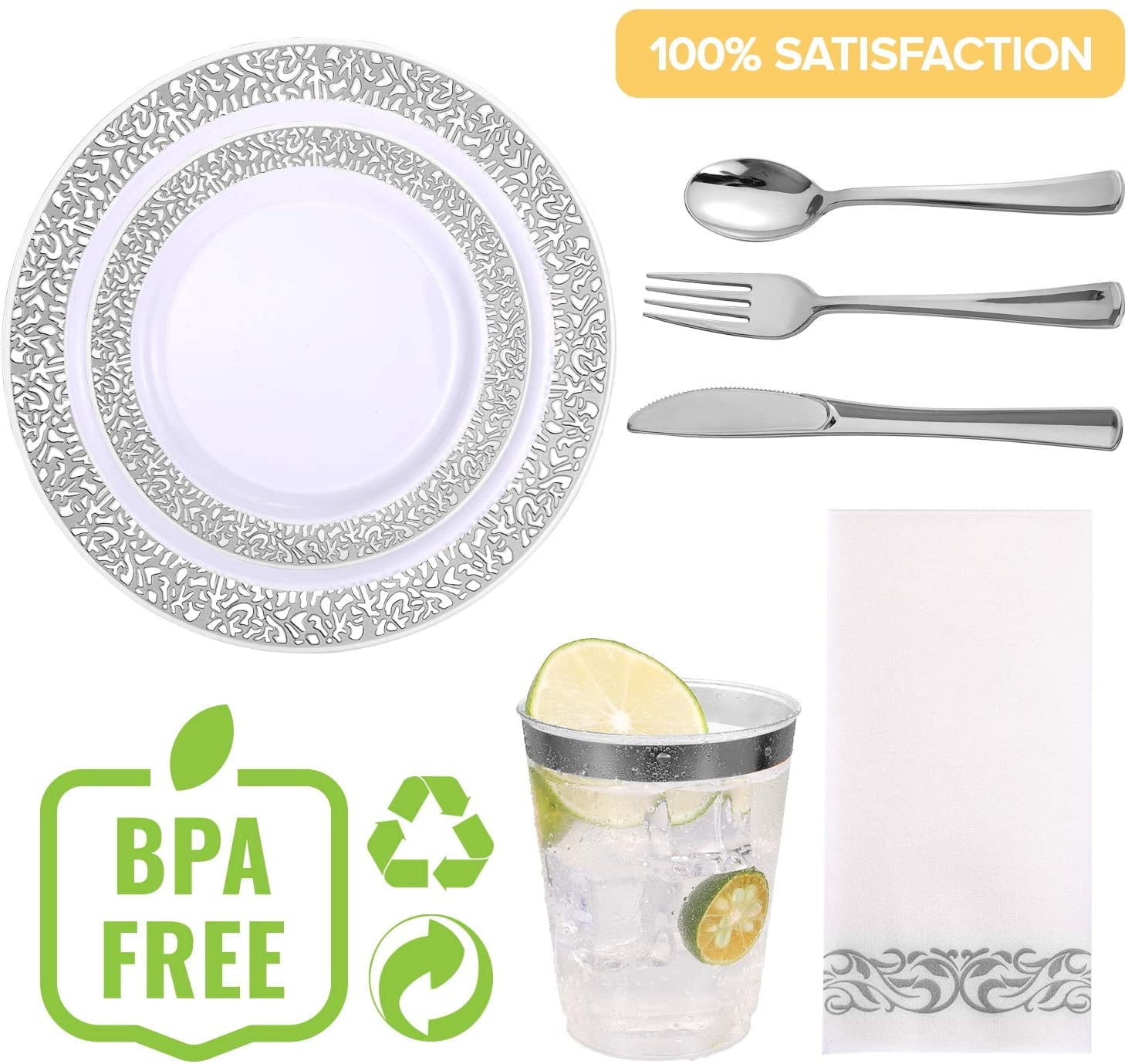 175 Piece Silver Dinnerware Set 25 Guest-50 Silver Lace Plastic Plates-25 Silver Plastic Silverware-25 Silver Plastic Cups-25 Linen Feel Silver Paper Napkins, FOCUSLINE Disposable Dinnerware Set
