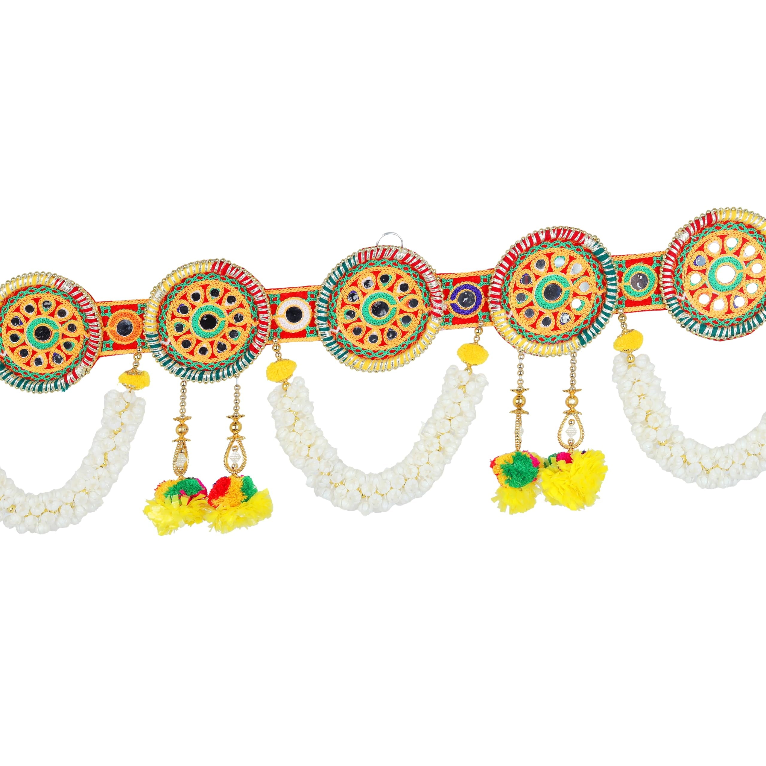 Artificial Toran Door Hanging Marigold Mogra Flowers Garlands Toran Set with Bandanwar Round Chakra with Beads for Home Christmas Festival Indian Wedding Entrance Decoration(Size-36"X9")