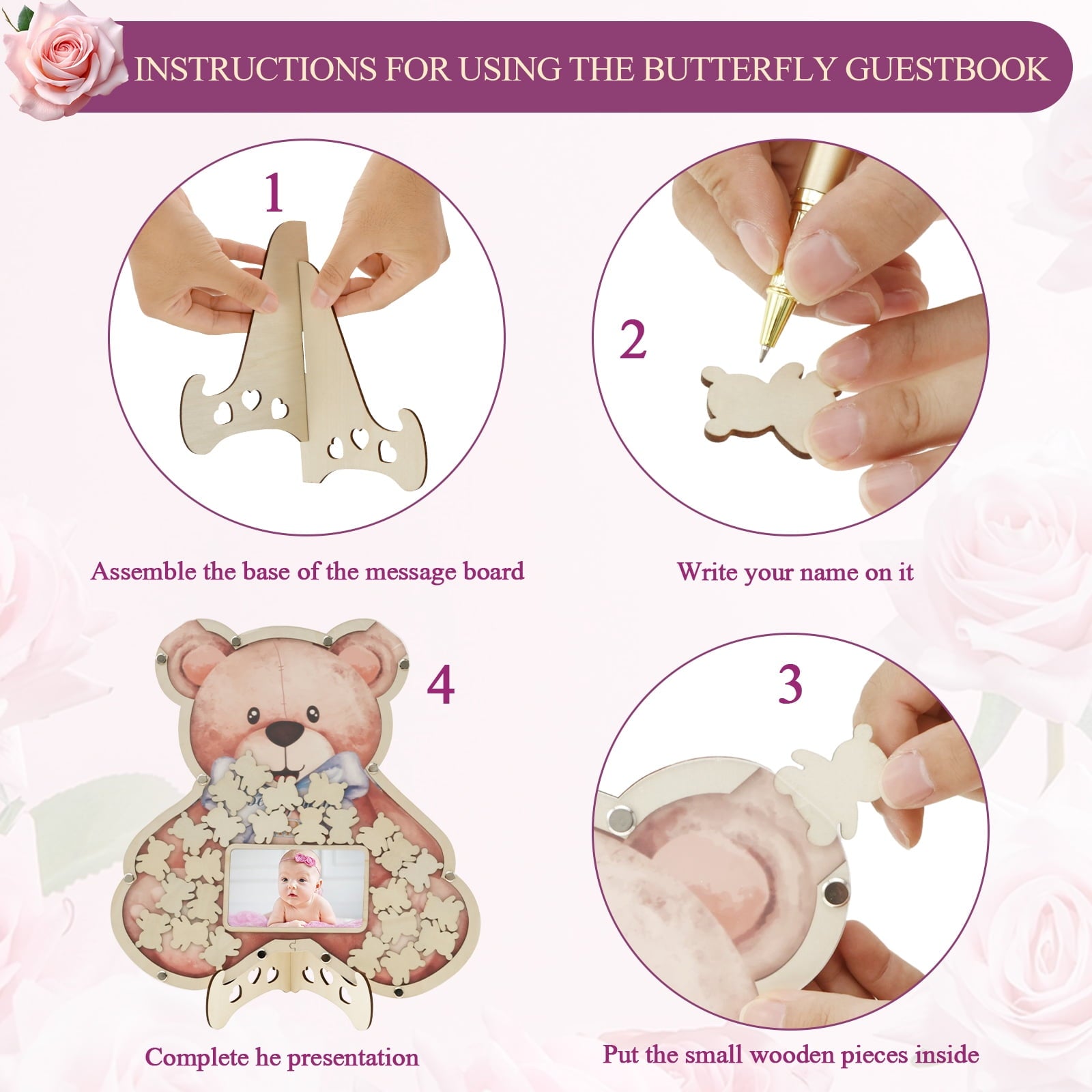 Baby Shower Guest Book Solid Practical Wood Slices Guest Book with Photo Frame Cute Baby Shower Sign in Guestbook Reliable Reusable Guestbook Signature Book for Party