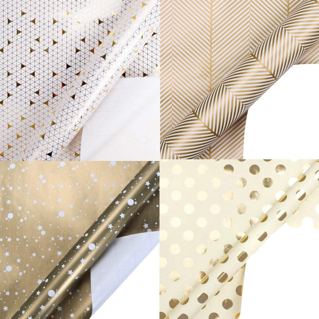 LaRibbons 30" x 10' Wrapping Paper Bundle (4 Roll Pack) White,Ivory,Gold Herringbone,Dots,Triangles,Art Deco