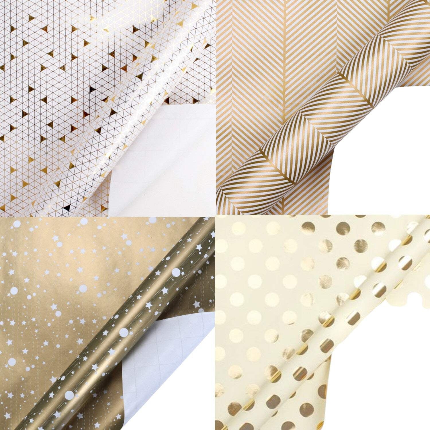 LaRibbons 30" x 10' Wrapping Paper Bundle (4 Roll Pack) White,Ivory,Gold Herringbone,Dots,Triangles,Art Deco