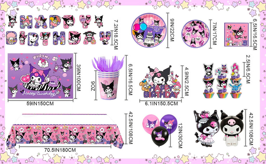 Kuromi Birthday Decorations Supplies,113 Pcs Kuromi Birthday Party Supplies Kit - Kuromi Birthday Plates Cups Napkins Tablecloth & Kuromi Balloons Banner etc Kuromi Party Decorations