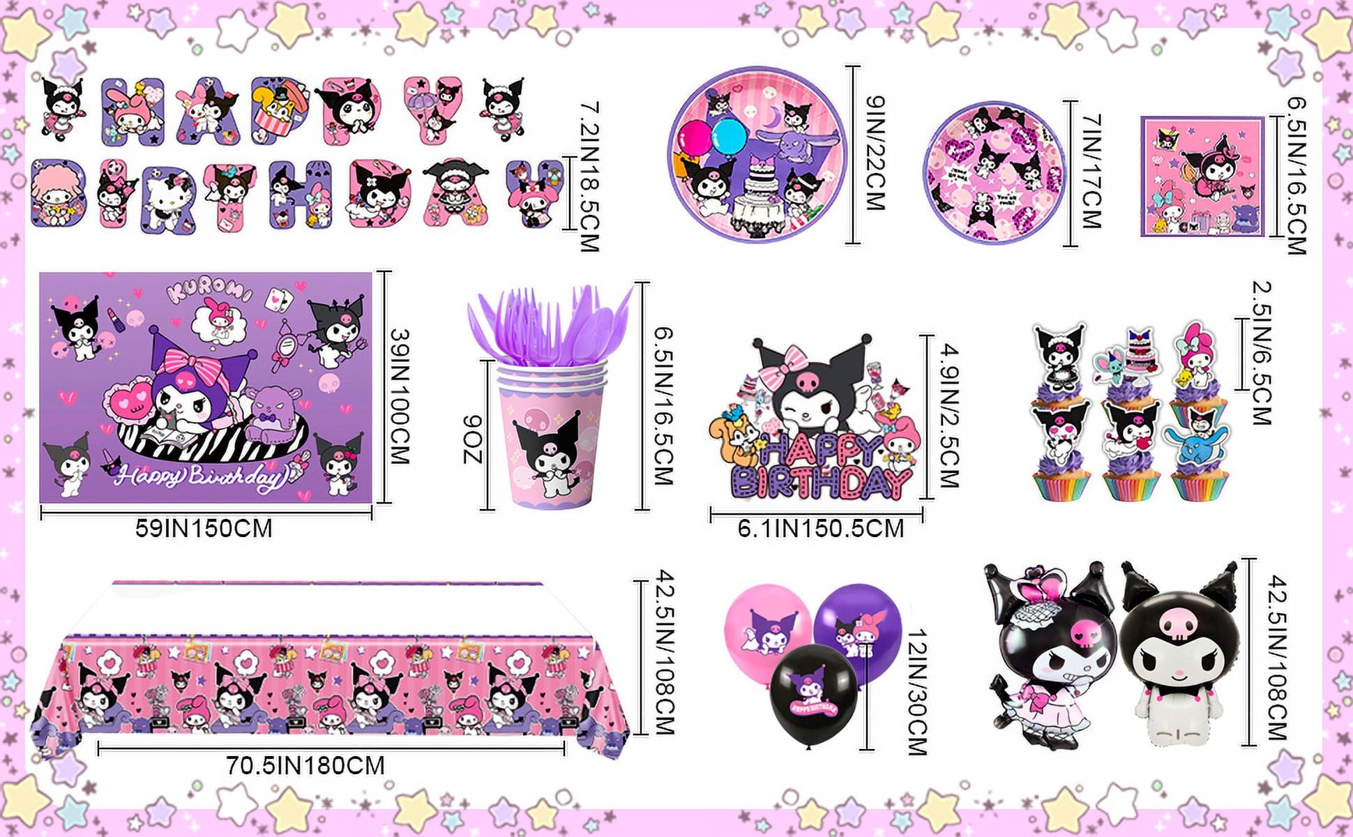 Kuromi Birthday Decorations Supplies,113 Pcs Kuromi Birthday Party Supplies Kit - Kuromi Birthday Plates Cups Napkins Tablecloth & Kuromi Balloons Banner etc Kuromi Party Decorations