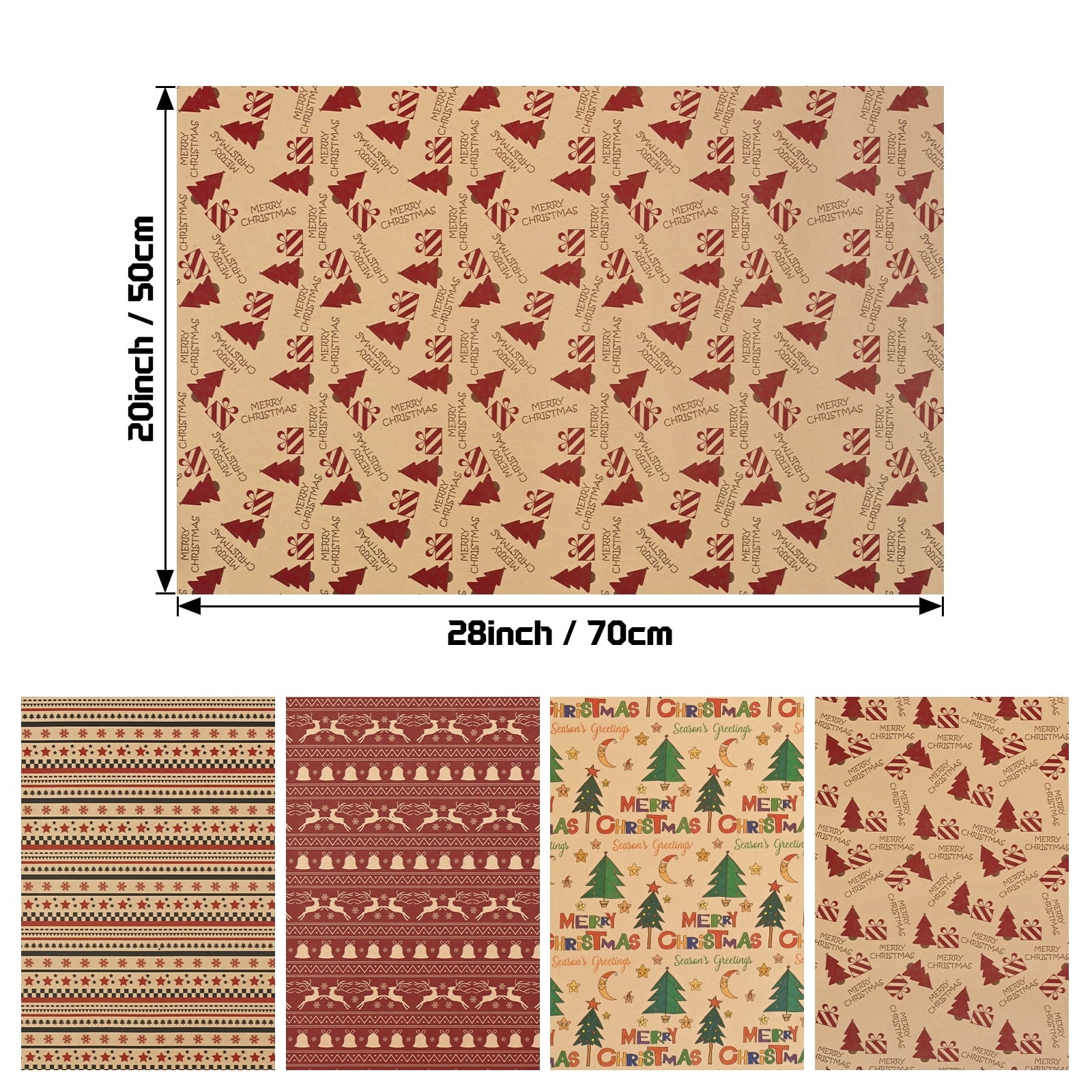 DAZLUTE 20 Sheets Christmas Wrapping Paper Red Snowflake/Xmas Tree Elk/Bell Printed Art Paper 27.6 x 19.7 Inch Xmas Folded Flat Gift Wrap Paper for Winter Holiday Birthday Party