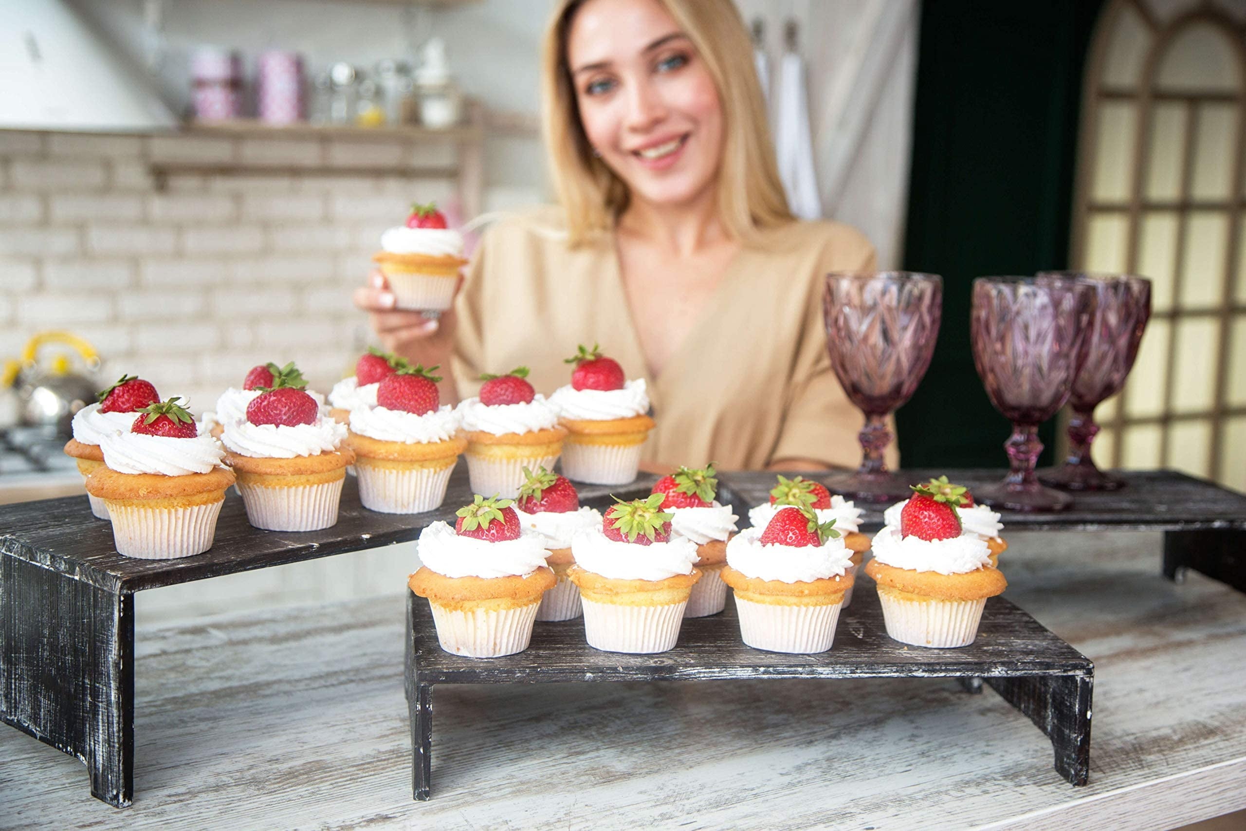 Hallops Wooden Cupcake Stand - 3 Tier Retail Display Table for Pastries, Desserts, and Merchandise. Perfect for Craft Shows and Markets.