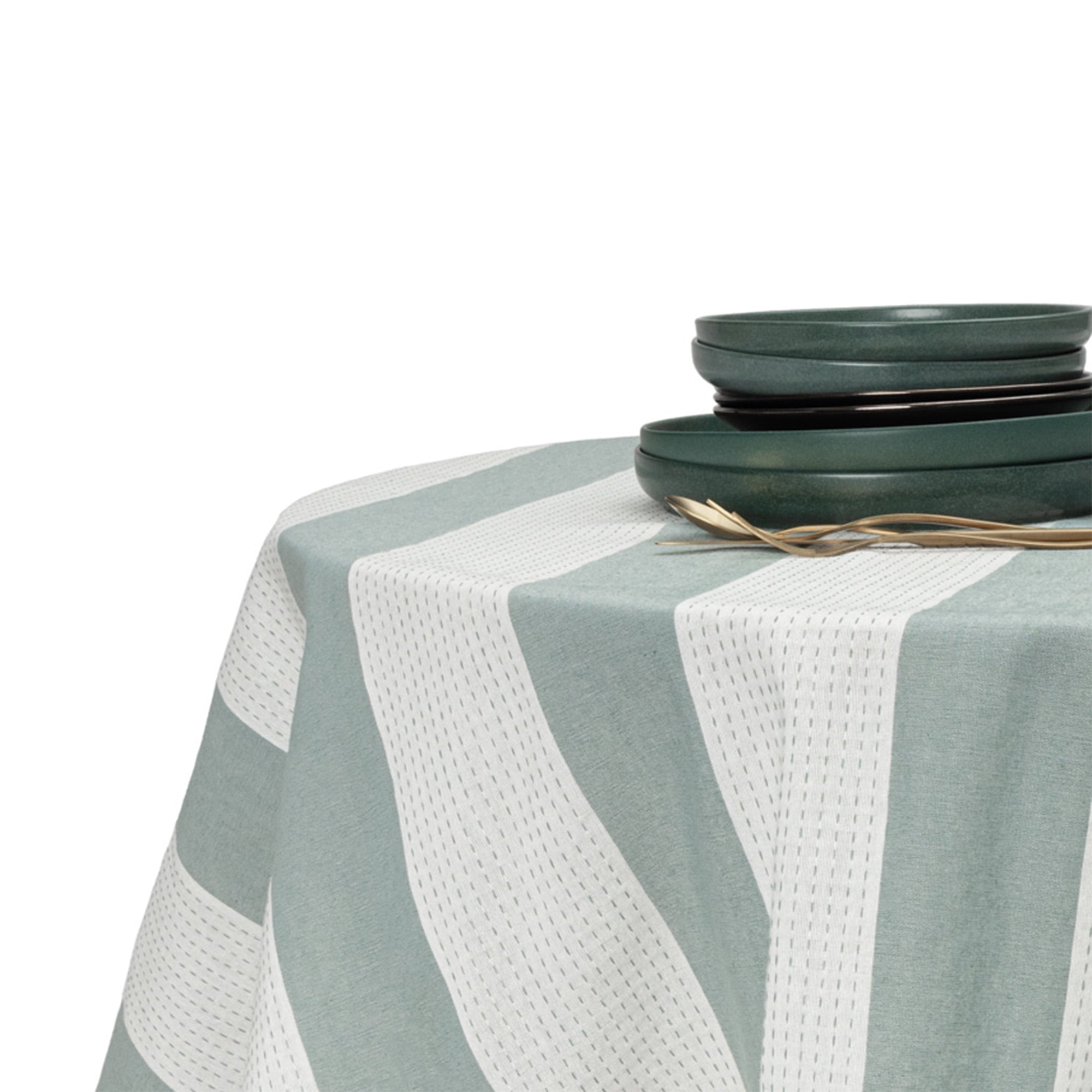 (4 pack) Thyme & Table 70" Round Tablecloth, Green and White with Black Tassels