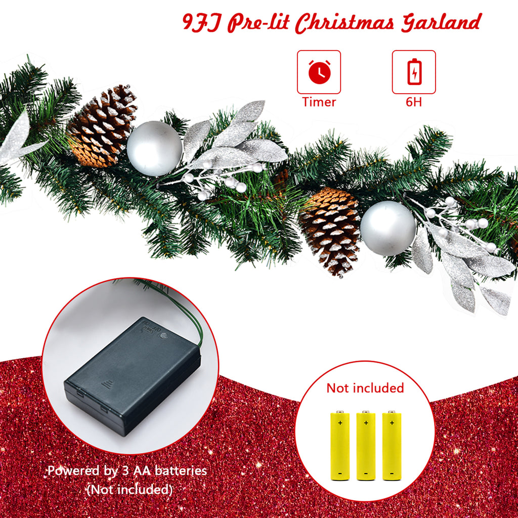 Gymax 9FT Pre-lit Christmas Decoration Garland Rattan w/ 50 LED Lights Timer