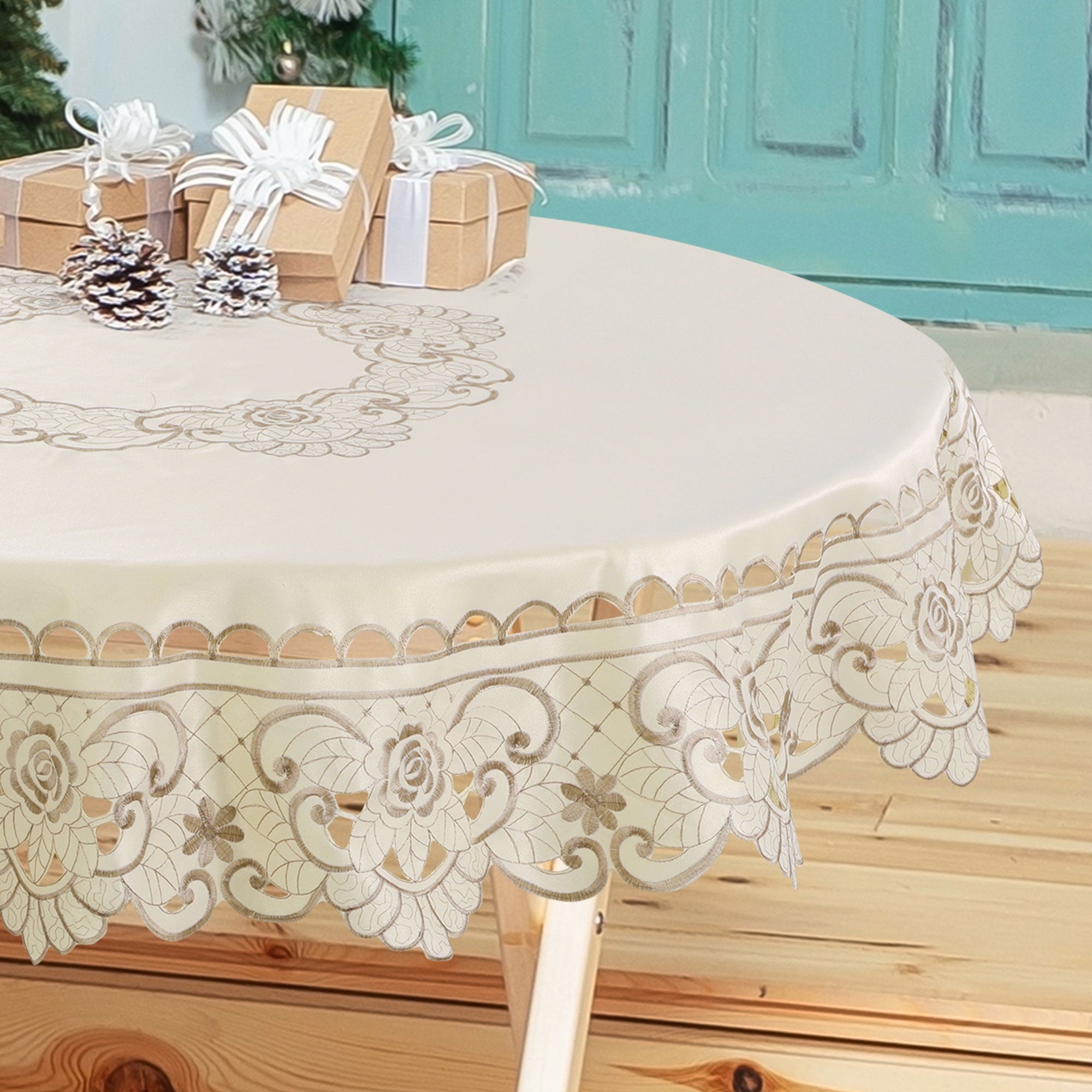 Unique Bargains Embroidered Round Tablecloth Light Beige Rose 48" Diameter