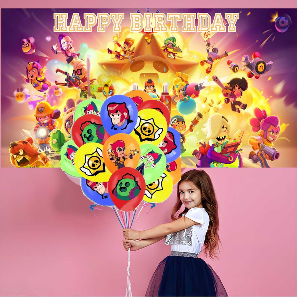 Brawl Stars Balloons Supplies Party Decor Plates Decorations Banner Cake Topper Tableware Banner Backdrop