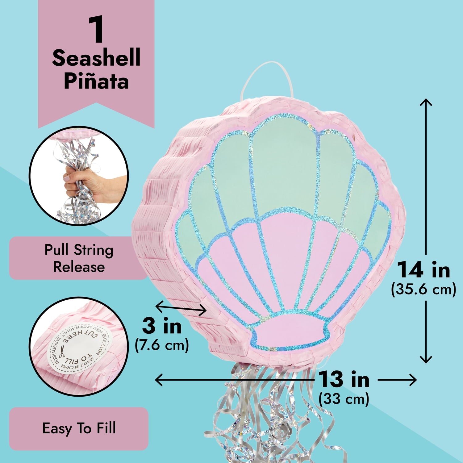 Pull String Seashell Pinata - Mermaid Birthday Decorations, Under The Sea Party Supplies (Small, 13"L x 3"W x 14"H), For Ages 3+
