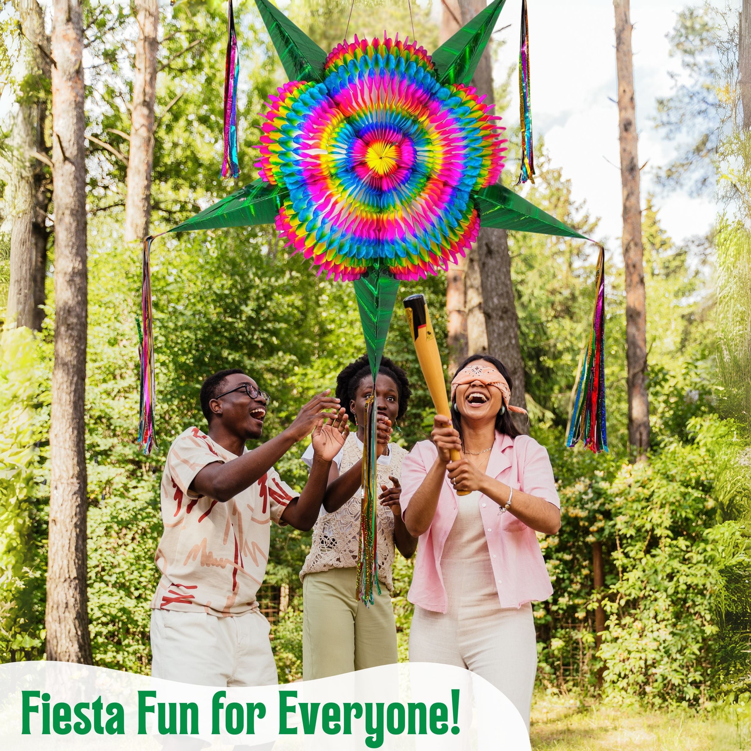 Extra Large 32-Inch Mexican Star Pinata, Rainbow Multicolor with Green Cones, 25ft Rope