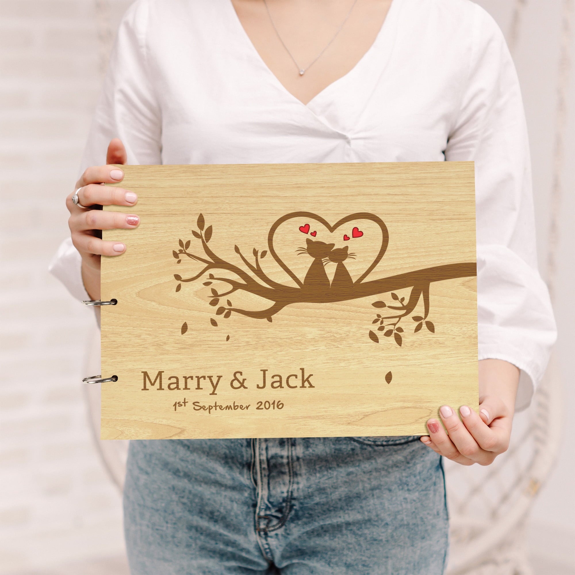 Darling Souvenir Personalized Engraved Laser Cut Wedding Guest Book Wooden Cover Sign-in Book Registry Guestbook Scrapbook-TR
