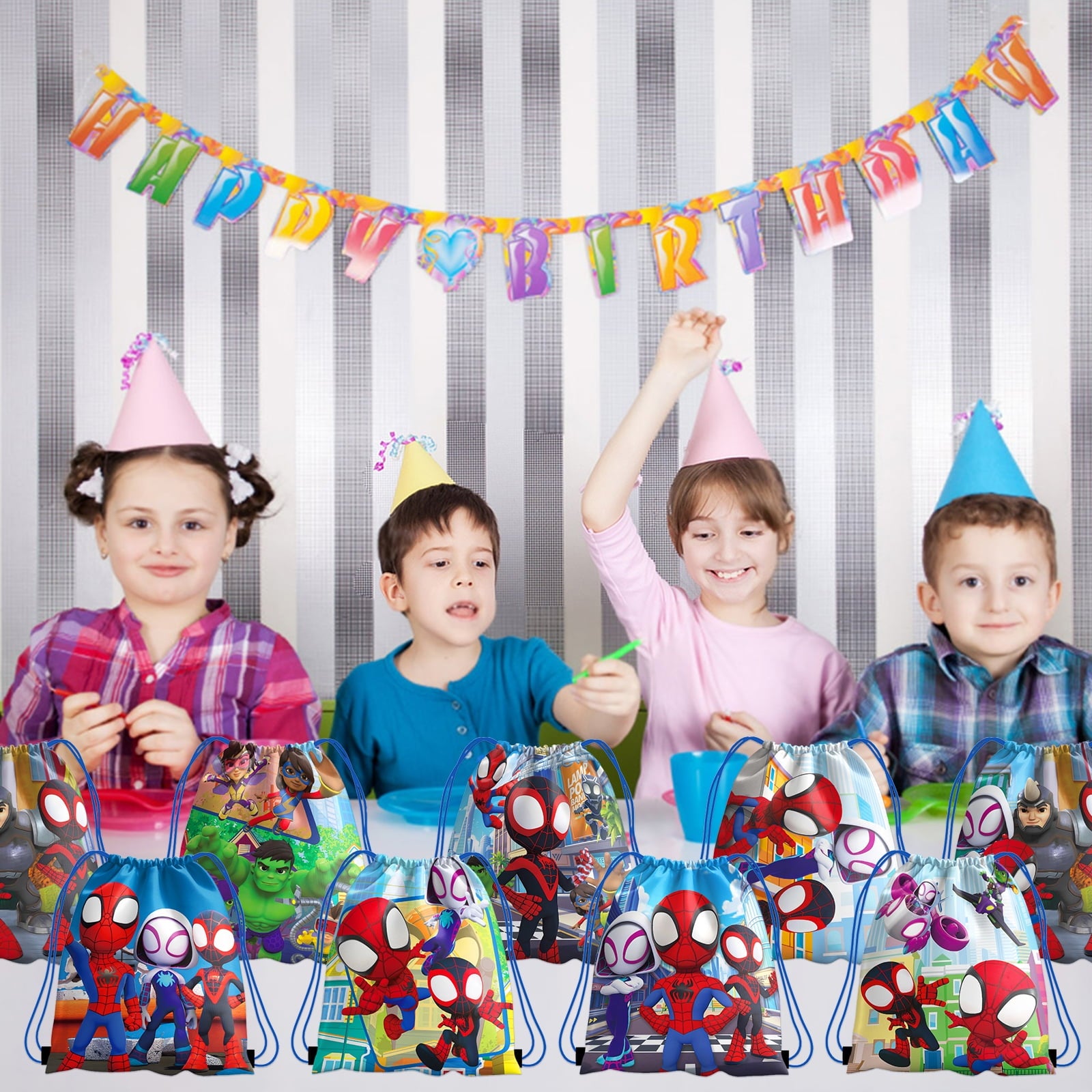 16 PCS Spidey Party Gift Bag, Spidey Birthday Party Drawstring Bags Goodie Candy Bag for Birthday Party Supplies