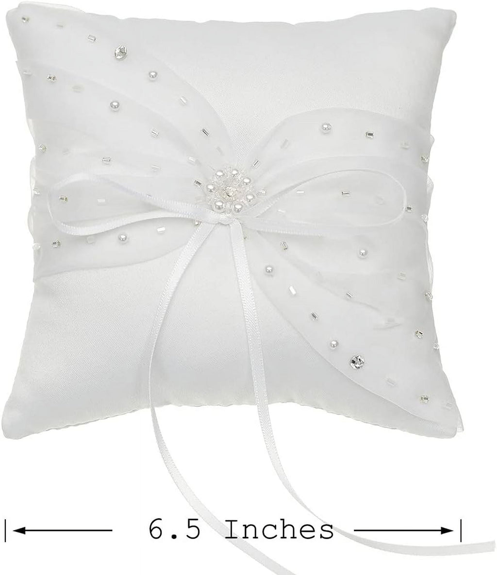 Crystal Beads Lace Bow Wedding Ring Bearer Pillow 6.5 Inch x 6.5 Inch - White RP015W
