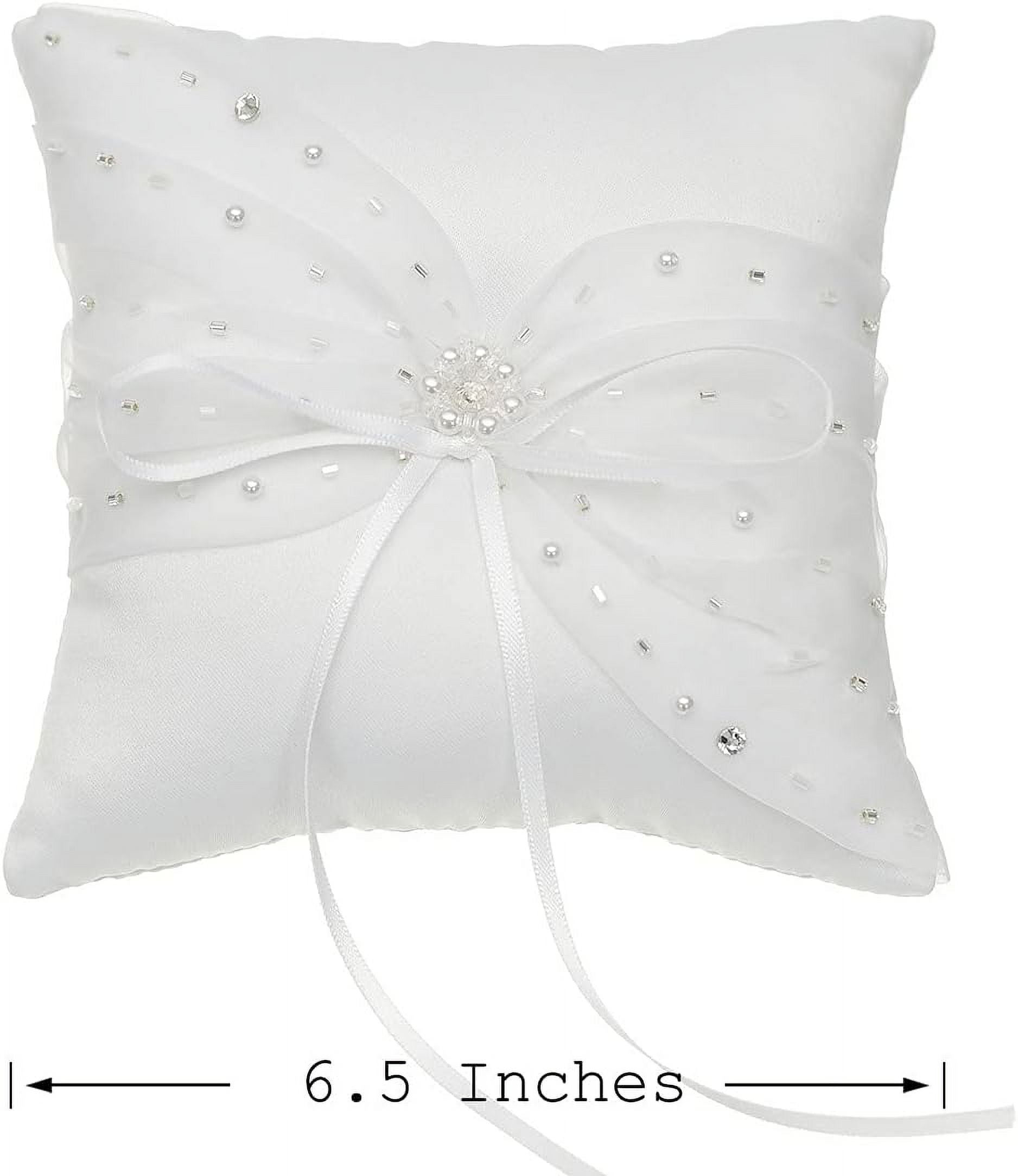 Crystal Beads Lace Bow Wedding Ring Bearer Pillow 6.5 Inch x 6.5 Inch - White RP015W