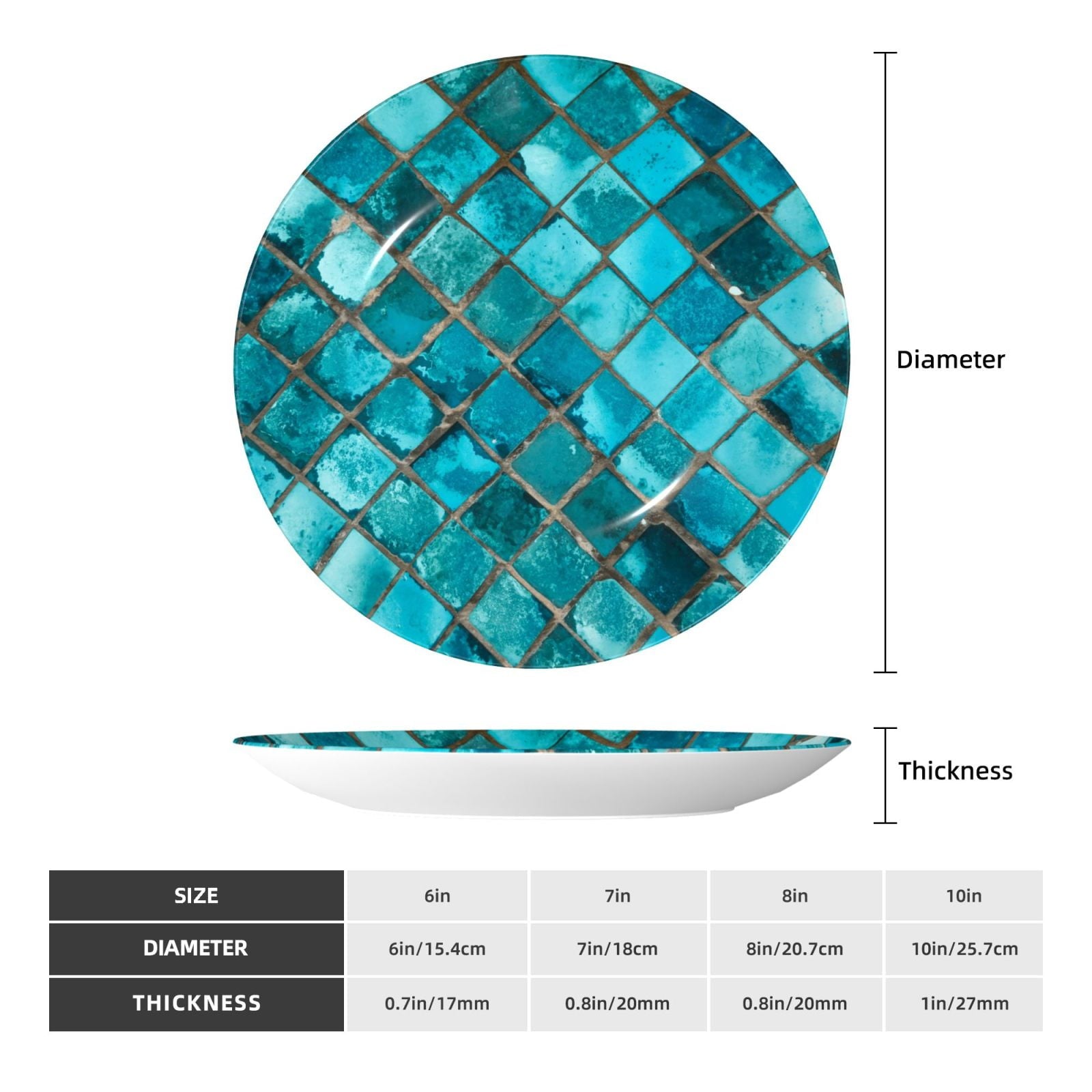 Honeii Square Glass Mosaic Print Elegant Bone China Decorative Plate, Porcelain Plate,Art Crafts,Ceramic Ornaments for Home Office Wall Decor-6in