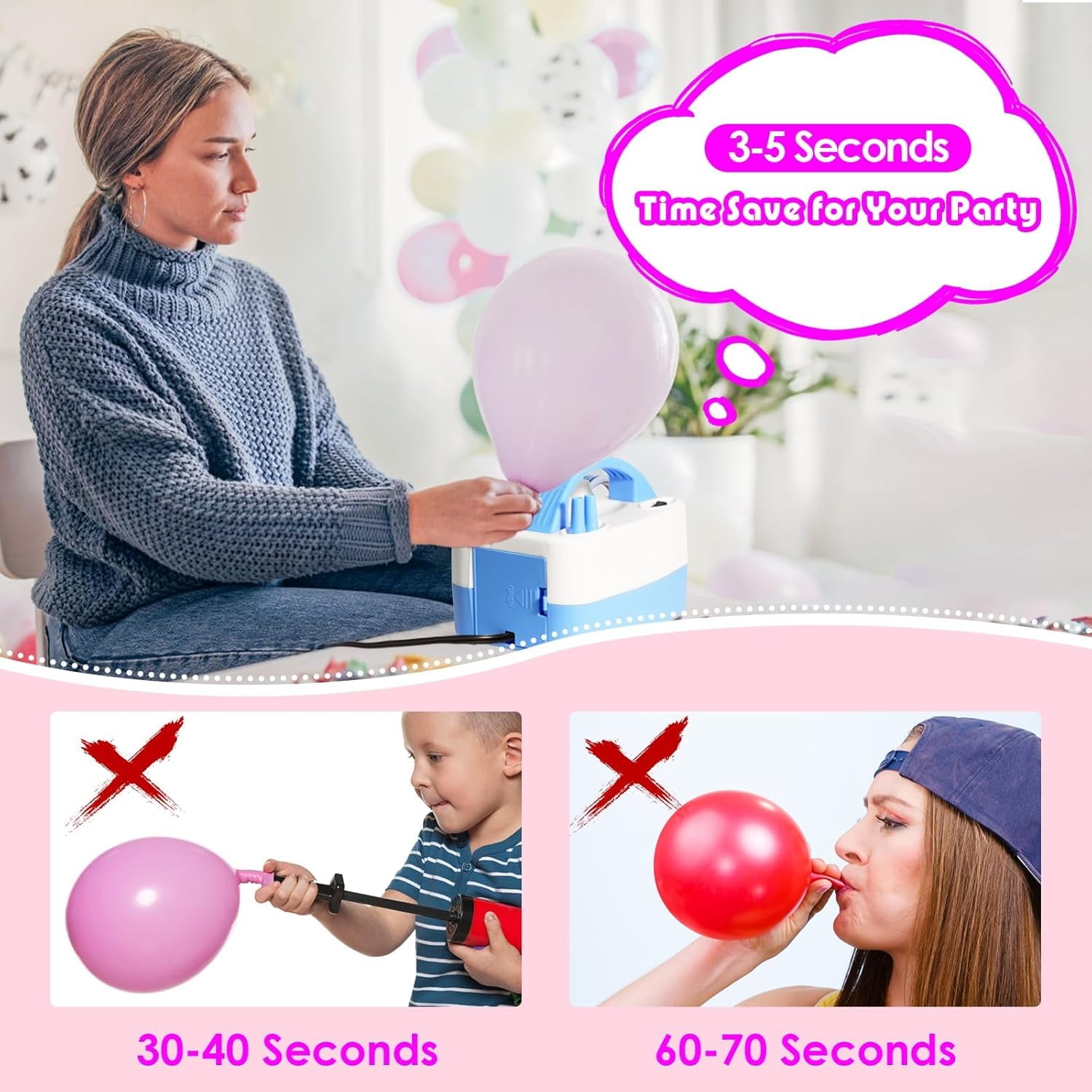Balloon Pump Electric, Portable Automatic Dual Nozzle Inflator 110V 600W with Tying Tools for Birthday Gender Reveal Baby Shower Balloons Party Decorations