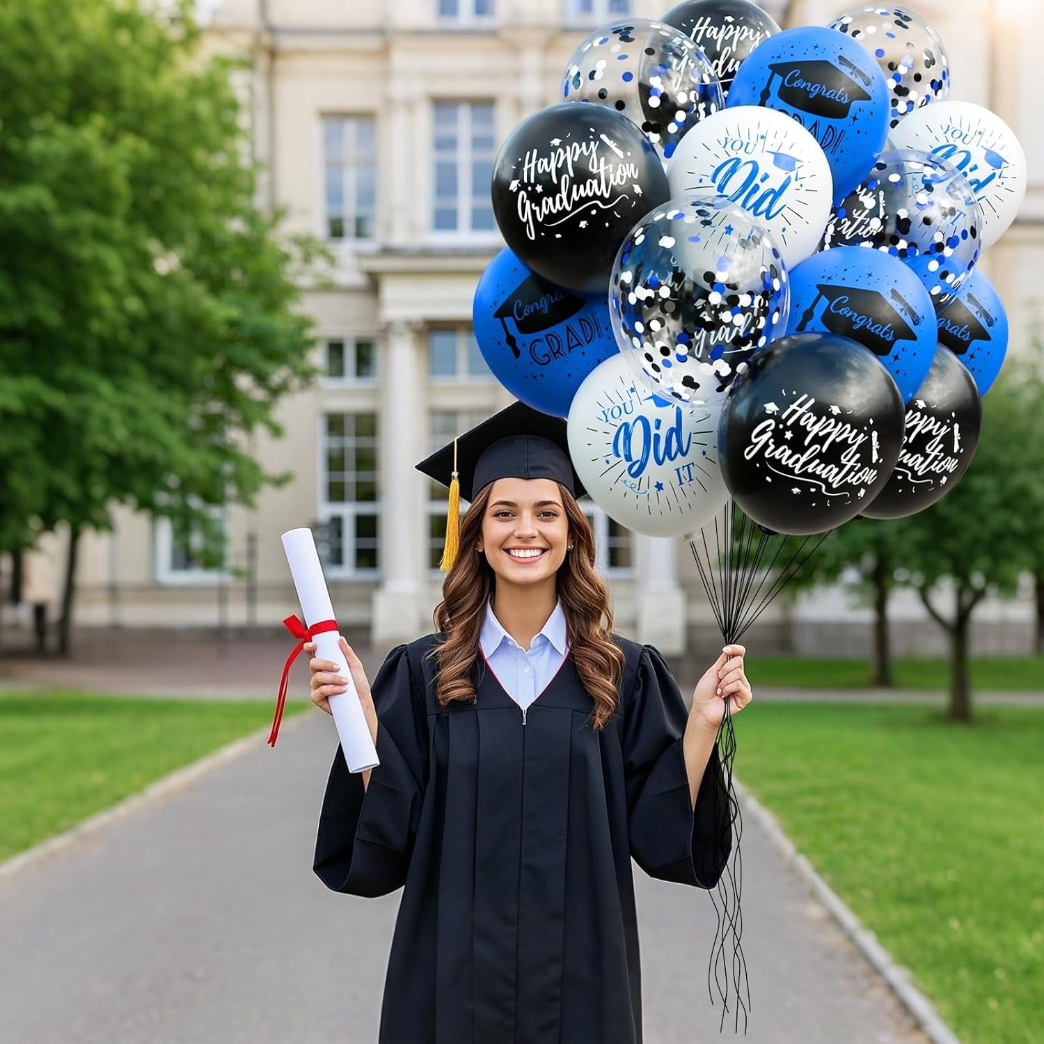 80 Pack Blue And Black Graduation Balloons Class Of Graduation Decorations - 12 Inch Royal Blue White Congrats Grad Balloons With Ribbons, Grad Party Decorations For College, High School