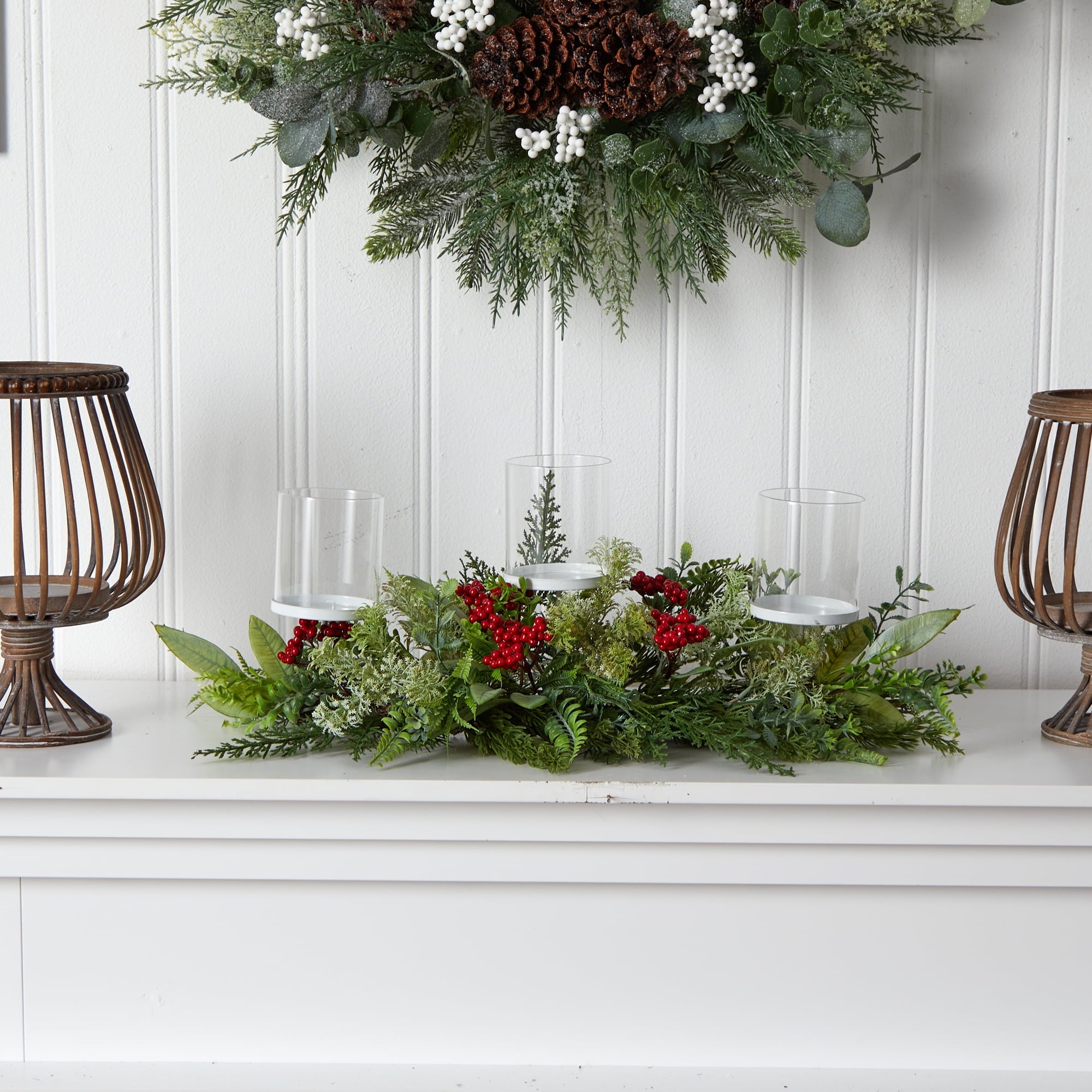 Nearly Natural 20" Holiday Winter Greenery and Berries Triple Candle Holder Artificial Christmas Table Arrangement