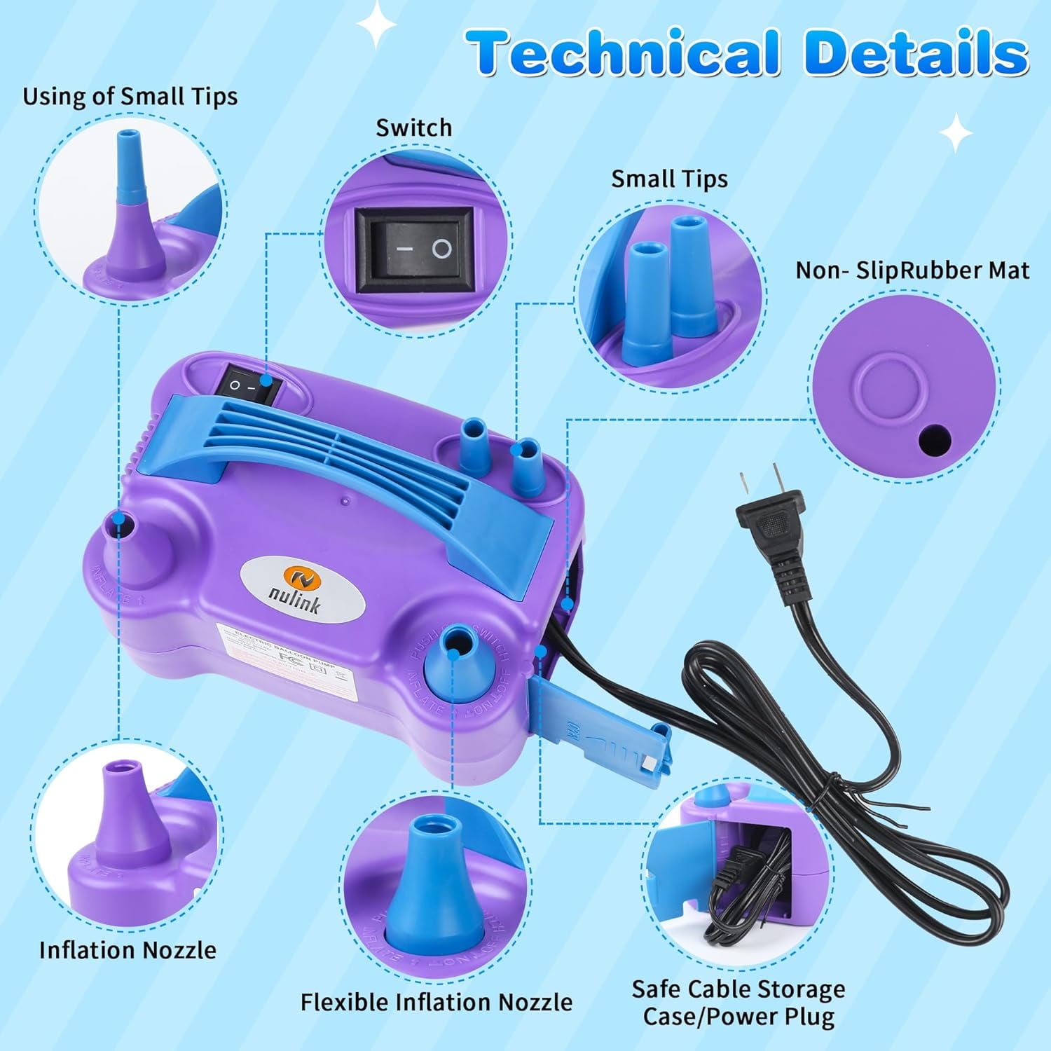 Balloon Pump Electric Portable Dual Nozzle Air Pump for Balloons Blower Pump Inflator for Decoration, Birthday Party [110V~120V, 600W, Purple]