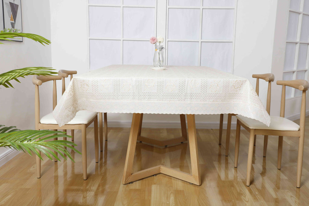 Ray Star 100% Waterproof Lace Tablecloth 52x90in Beige, Vinyl Table Cloth Cover Oil Proof Spill Proof Wipeable Table Cloths for Indoor and Outdoor Use