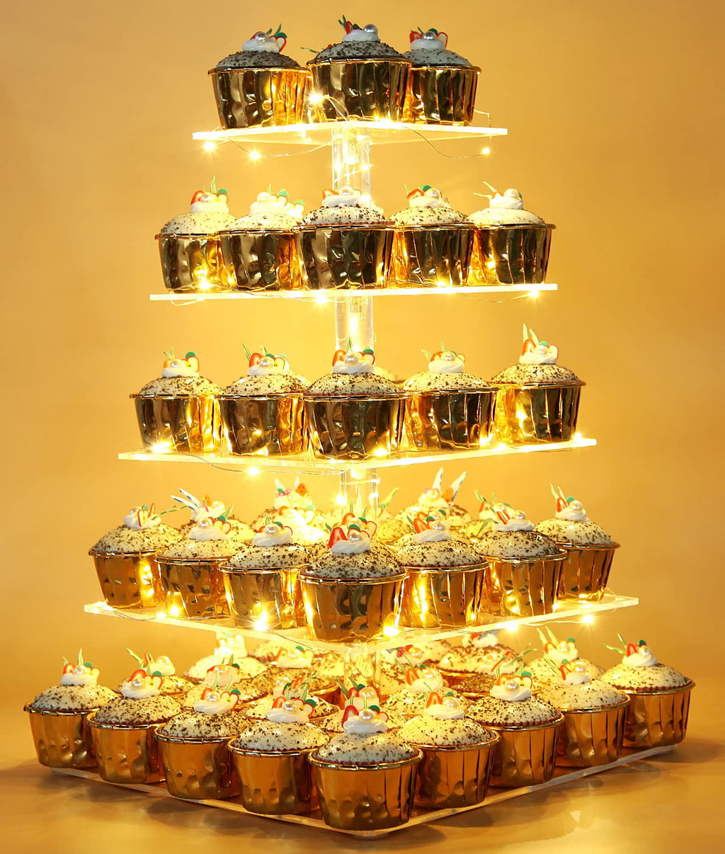 Vdomus 5-Tier Acrylic Cupcake Tower with LED Lights - Cupcake Holder and Display Stand for Weddings, Birthdays, and Parties