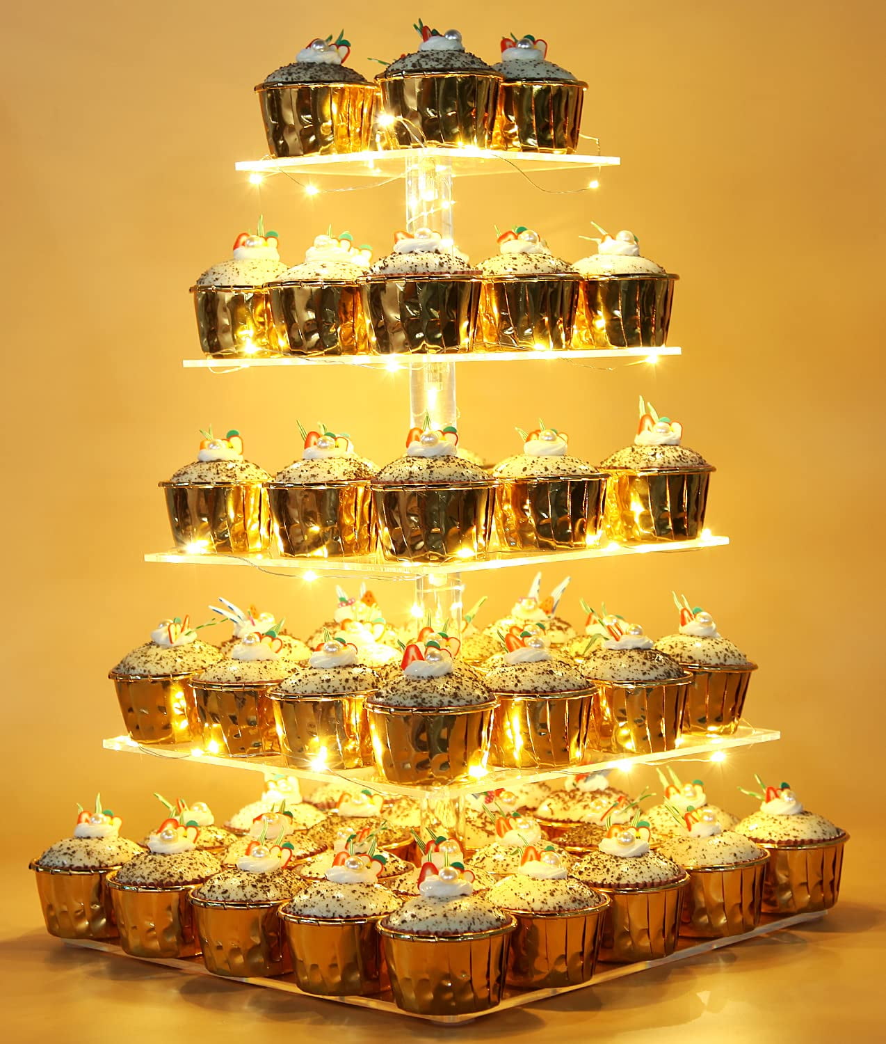 Vdomus 5-Tier Acrylic Cupcake Tower with LED Lights - Cupcake Holder and Display Stand for Weddings, Birthdays, and Parties