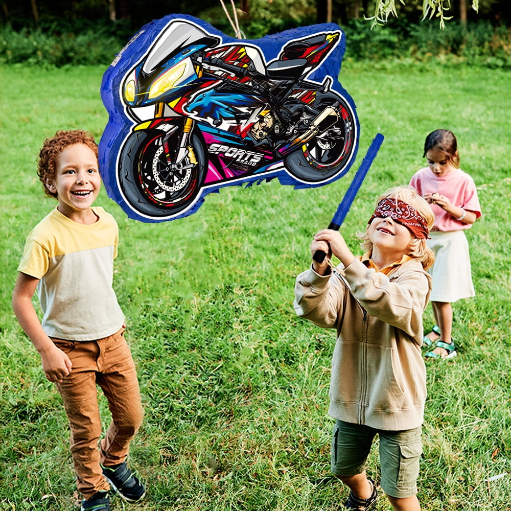 Motorcycle Pinata for Boys Birthday Party Supplies Cool Motorcycles Pinata with Stick and Blindfold for Boys Theme Party Decoration, Small Pinata Birthday Party Supplies