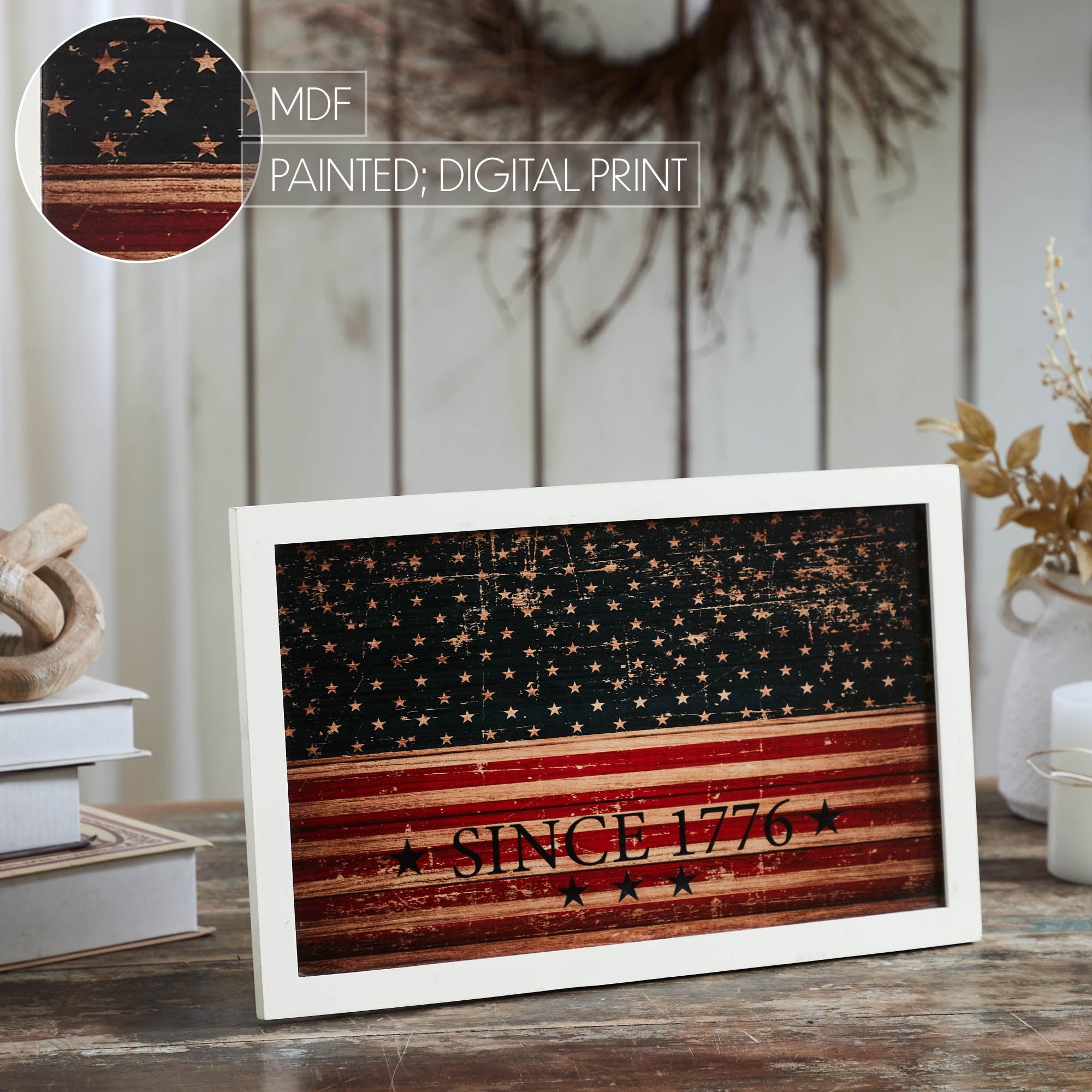 VHC Brands Patriotic Vintage USA Flag Since 1776 MDF Wall Hanging 10x16, Independence Day Decor, Decorative Sign, Rustic Farmhouse Fourth of July Decorations, Navy Blue, Deep Red, Tan