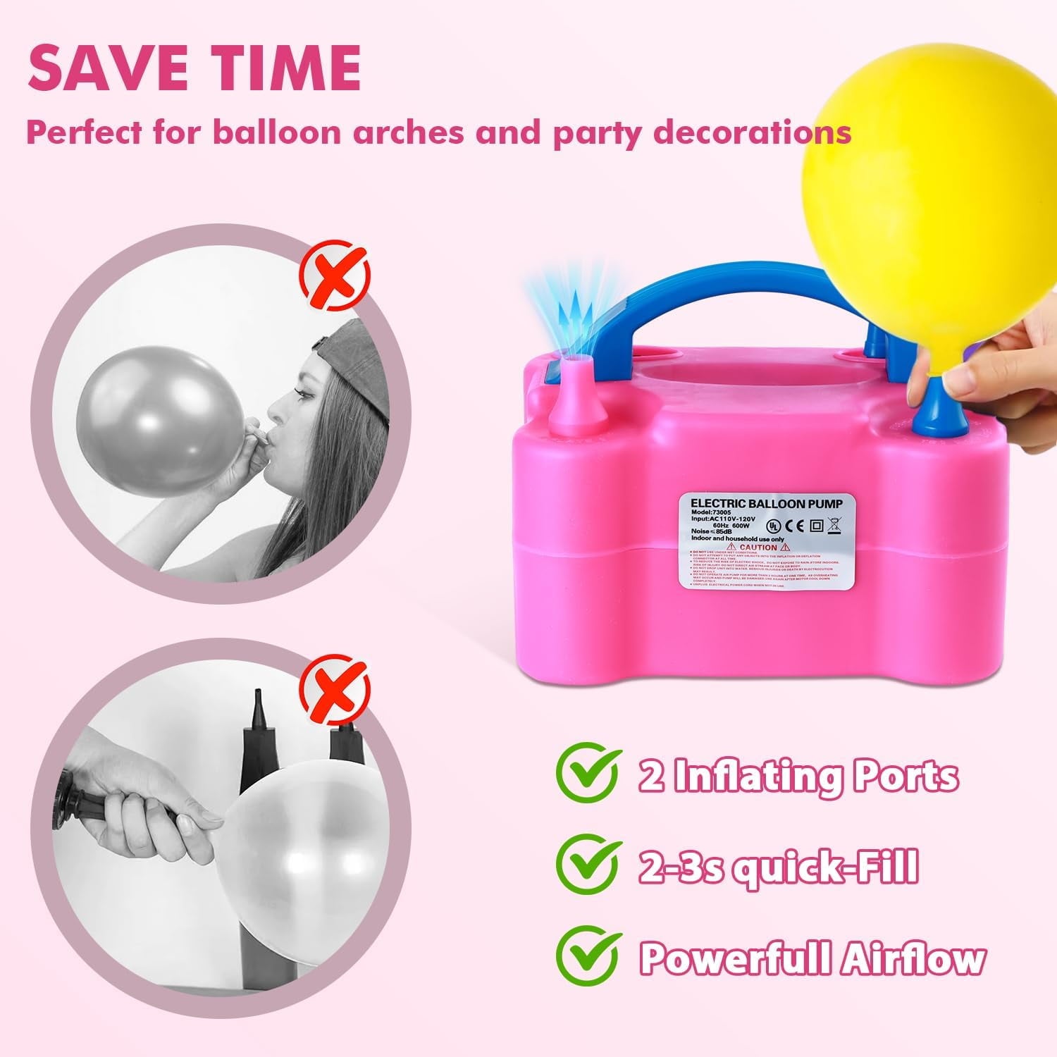 Balloon Pump Electric, Electric Air Pump Replace Manual Balloon Hand Pump, US Standard Plug Balloon Inflator Pump Electric with Dual Nozzles for Balloon Arch, Balloon Stand, Party Decorations