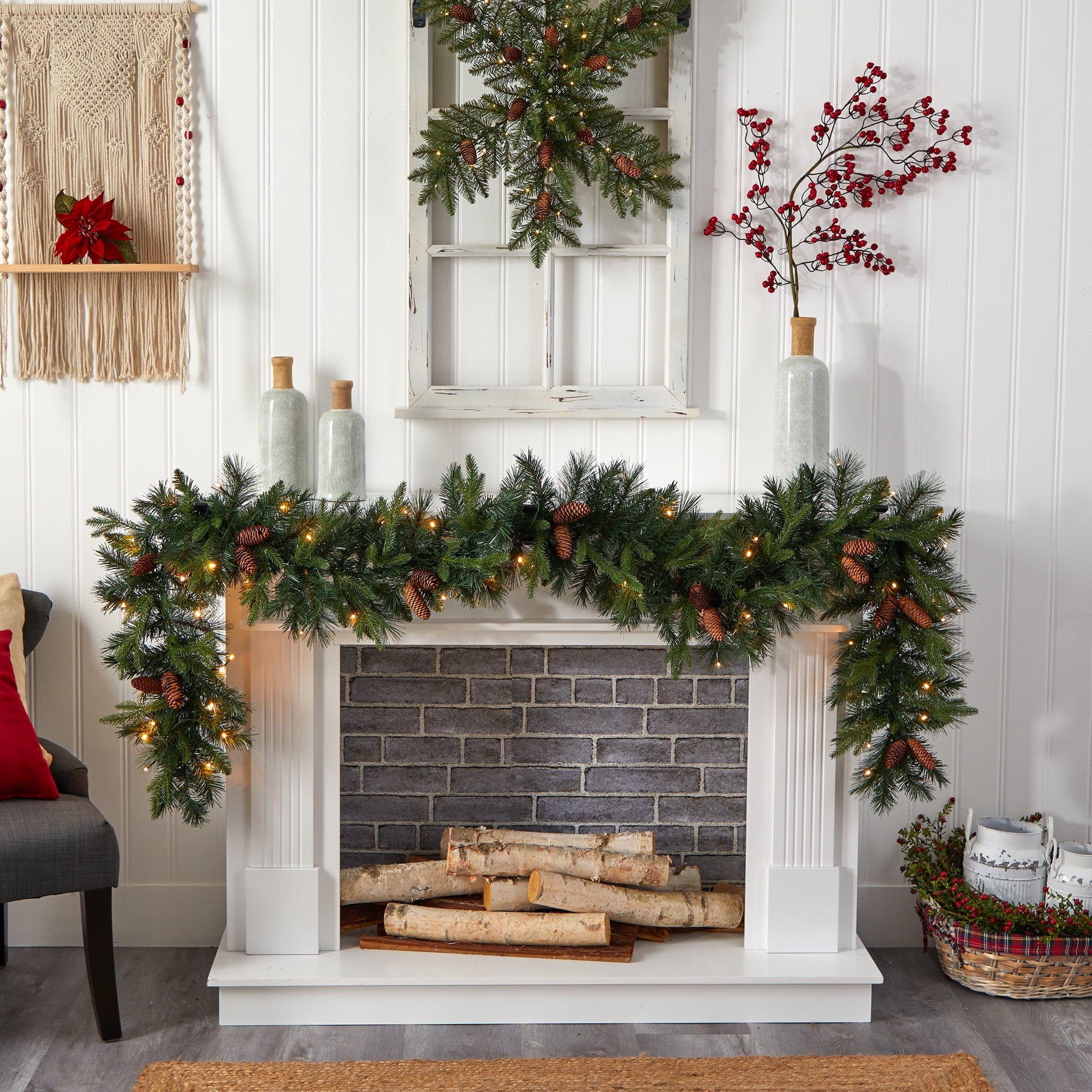 Nearly Natural Mixed Extra Wide Pine White Prelit LED Battery Operated Garland, with 286 Bendable Branches 108" (Green)