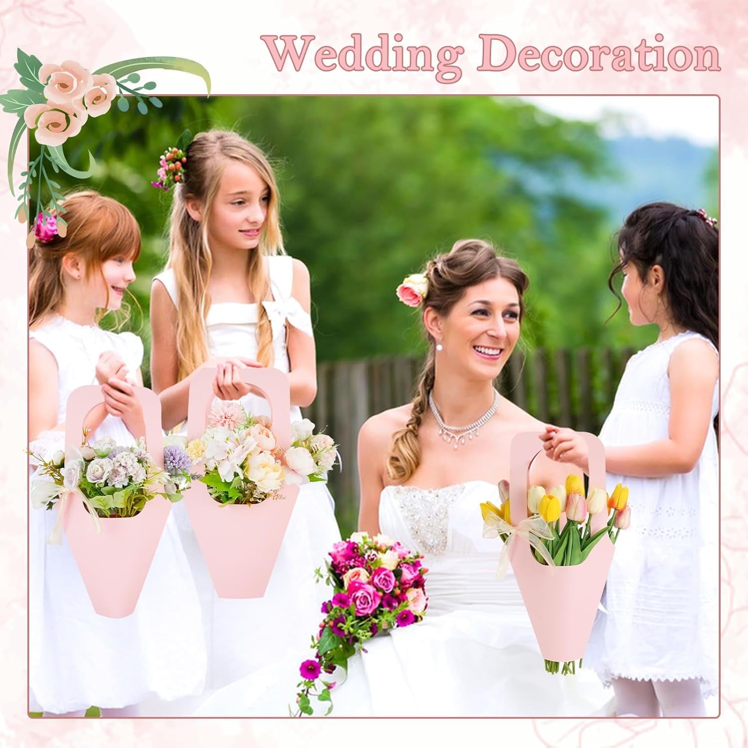 40 Pcs Pink Kraft Paper Flower Gift Bags Bouquet Bags with Handle, Creative Cone Flower Wrapping Paper Bags for Bouquets with 10 Yard Sparkling Ribbon, Flower Bags for Home Florist Wedding