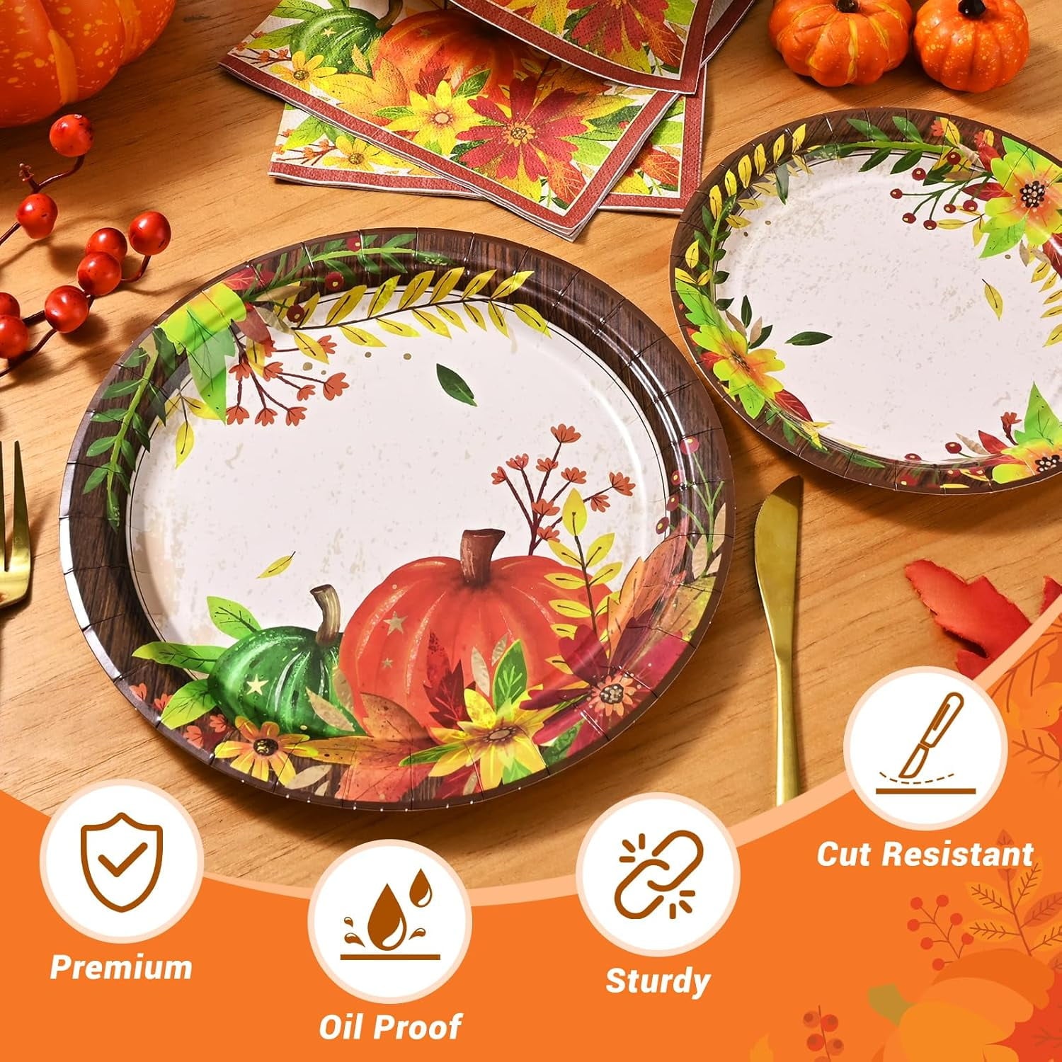 Waipfaru 200 Pcs Fall Paper Plates and Napkins Set, Serves 50,Heavy Duty Disposable Dinnerware for Harvest Thanksgiving Party Supplies