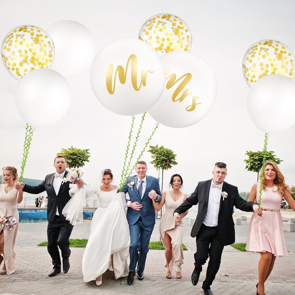 Zaoz 15 Pcs Giant Wedding Balloons Kit 36 Inch Jumbo White Balloons Mr. Mrs. Balloons with Paper Tassel 24 Inch White Large Balloons with 65ft Leaf Ribbon for Wedding Engagement A418