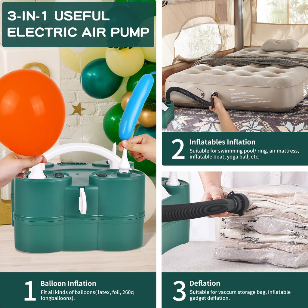 Wiher Balloon Pump, 3-in-1 Portable Electric Air Pump for Inflatables and Balloons, with Hose Extension Quick-Fill 110V AC Inflator Deflator for Pool Floats Air Mattress Inflatables